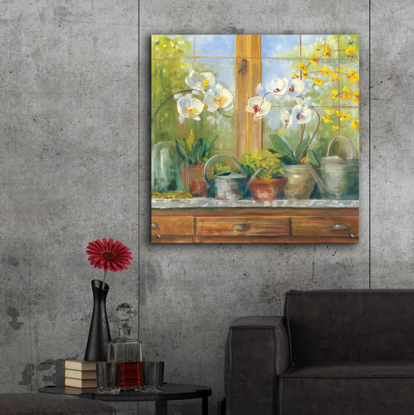 Epic Art 'Gardeners Table Orchids' by Carol Rowan, Acrylic Glass Wall Art,36x36
