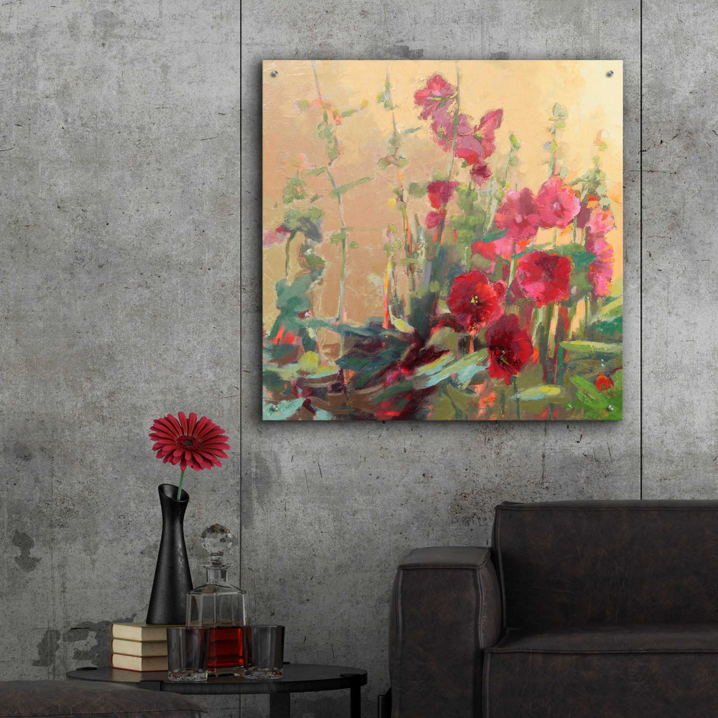 Epic Art 'Red Haven Hollyhocks' by Beth Forst, Acrylic Glass Wall Art,36x36