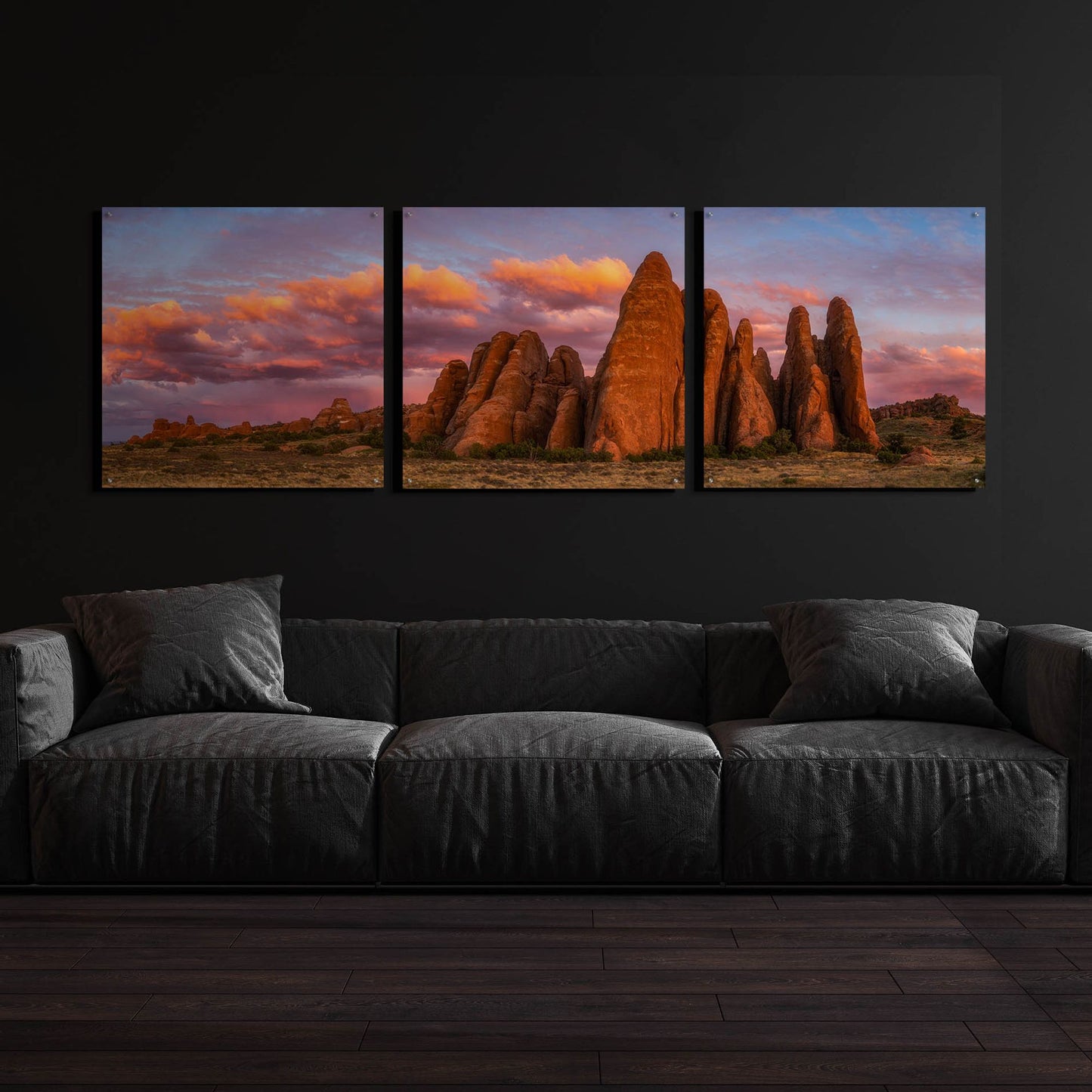 Epic Art 'Sunset at the Fins - Arches National Park' by Darren White, Acrylic Glass Wall Art, 3 Piece Set,108x36