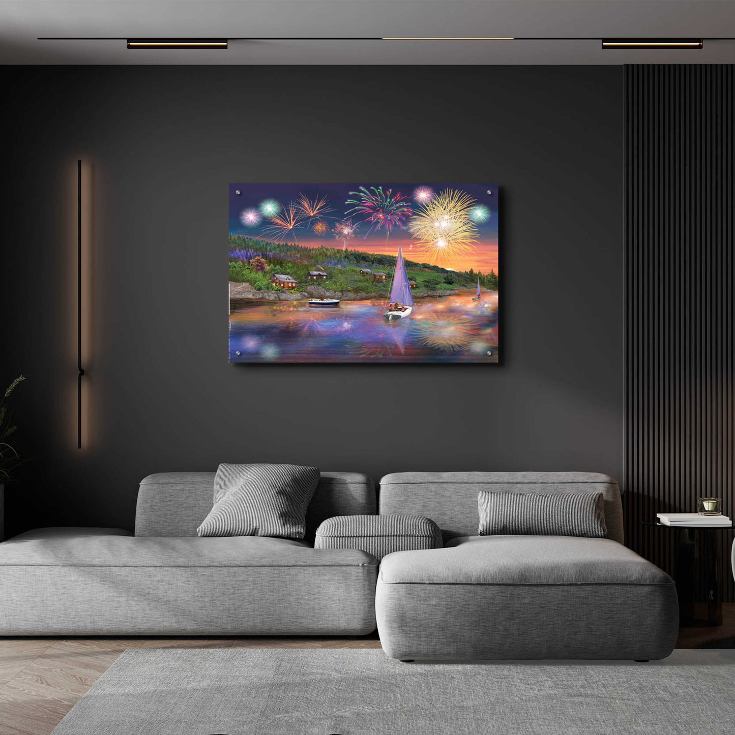 Epic Art 'Sailboat Fireworks' by Bigelow Illustrations, Acrylic Glass Wall Art,36x24