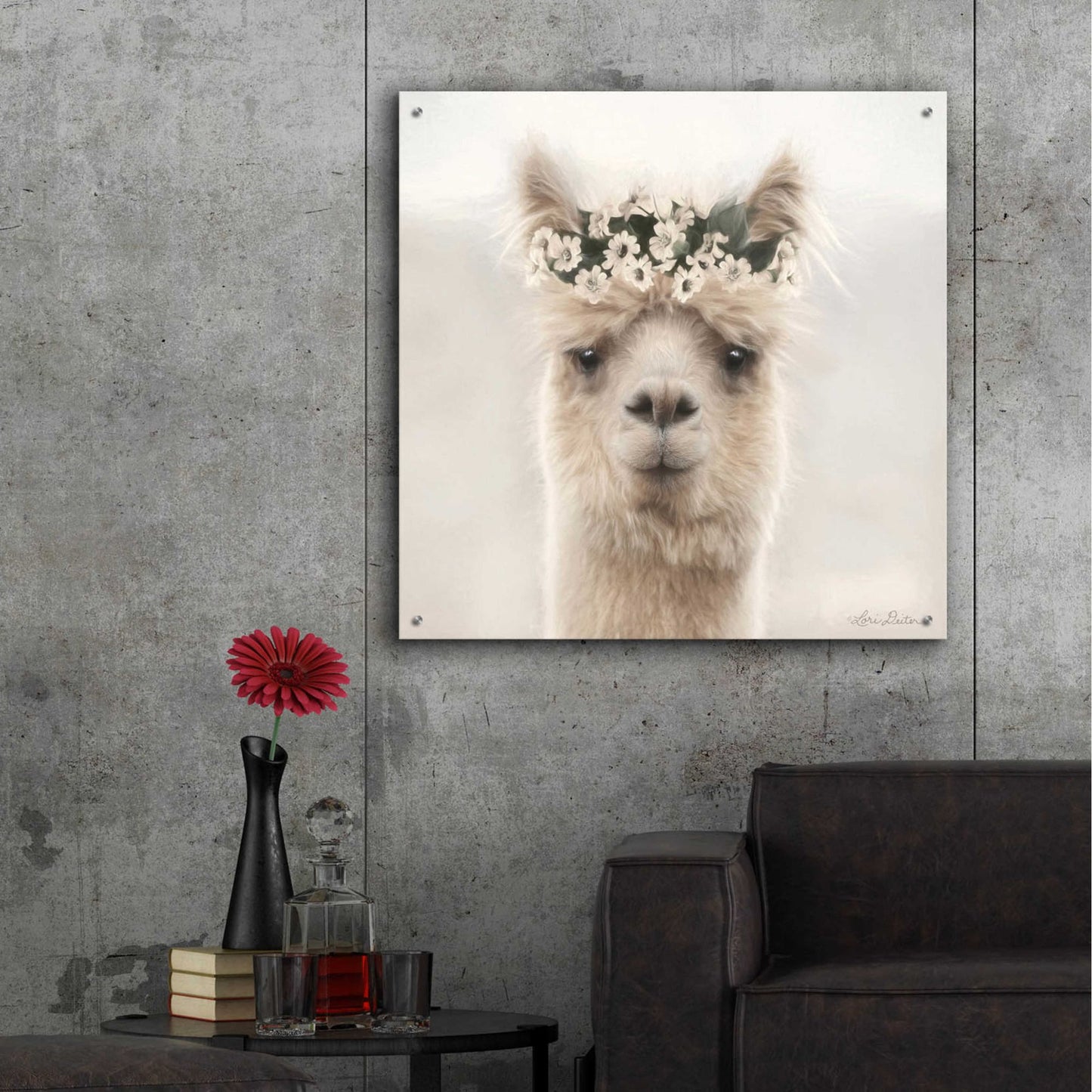 Epic Art 'Alpaca with Flowers' by Lori Deiter, Acrylic Glass Wall Art,36x36