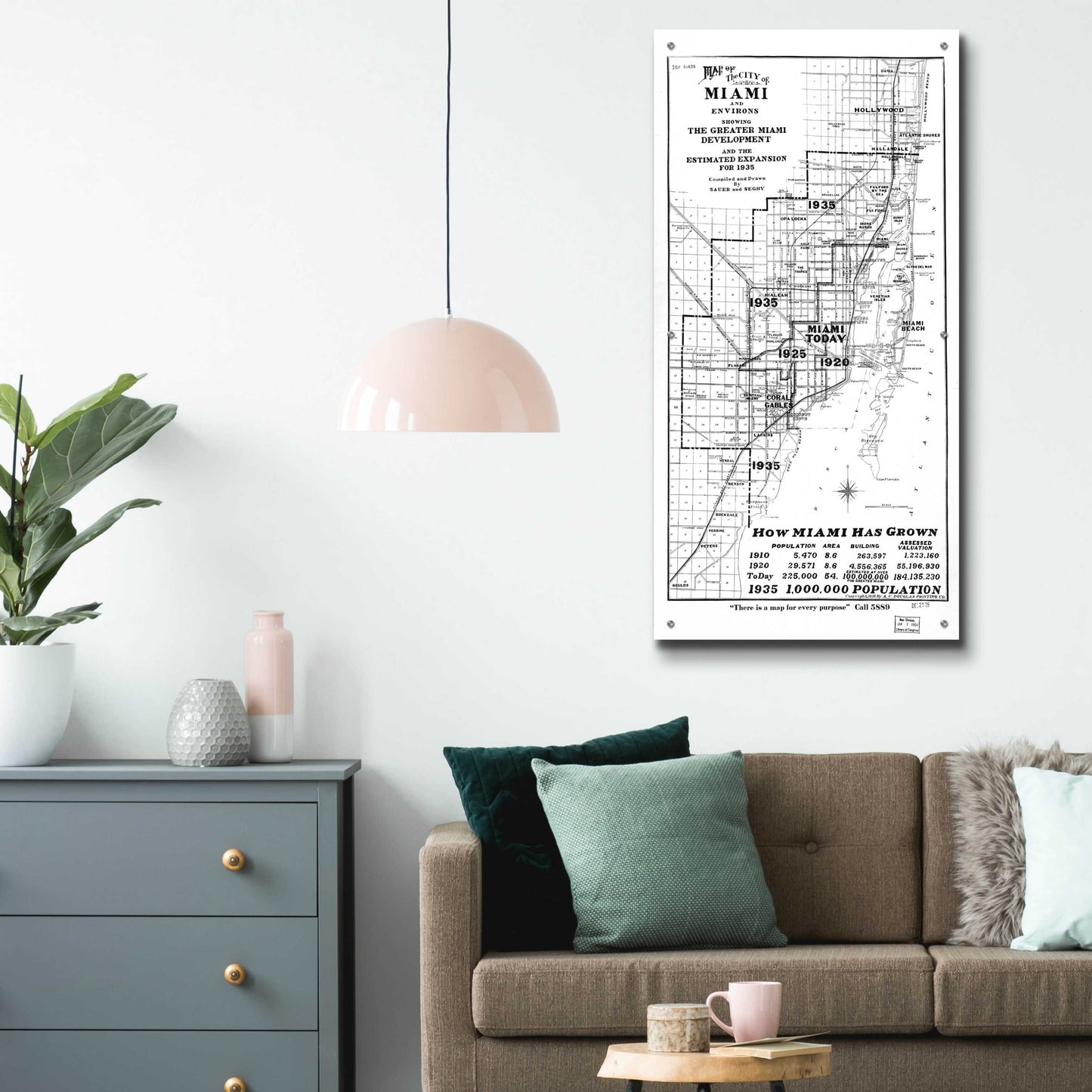 Epic Art 'Map of Miami 1925' by Portfolio, Acrylic Glass Wall Art,24x48