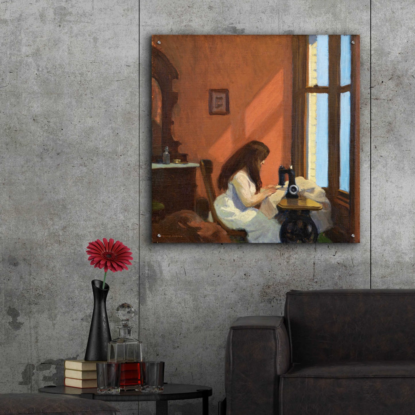 Epic Art 'Girl At Sewing Maching, 1921' by Edward Hopper, Acrylic Glass Wall Art,36x36