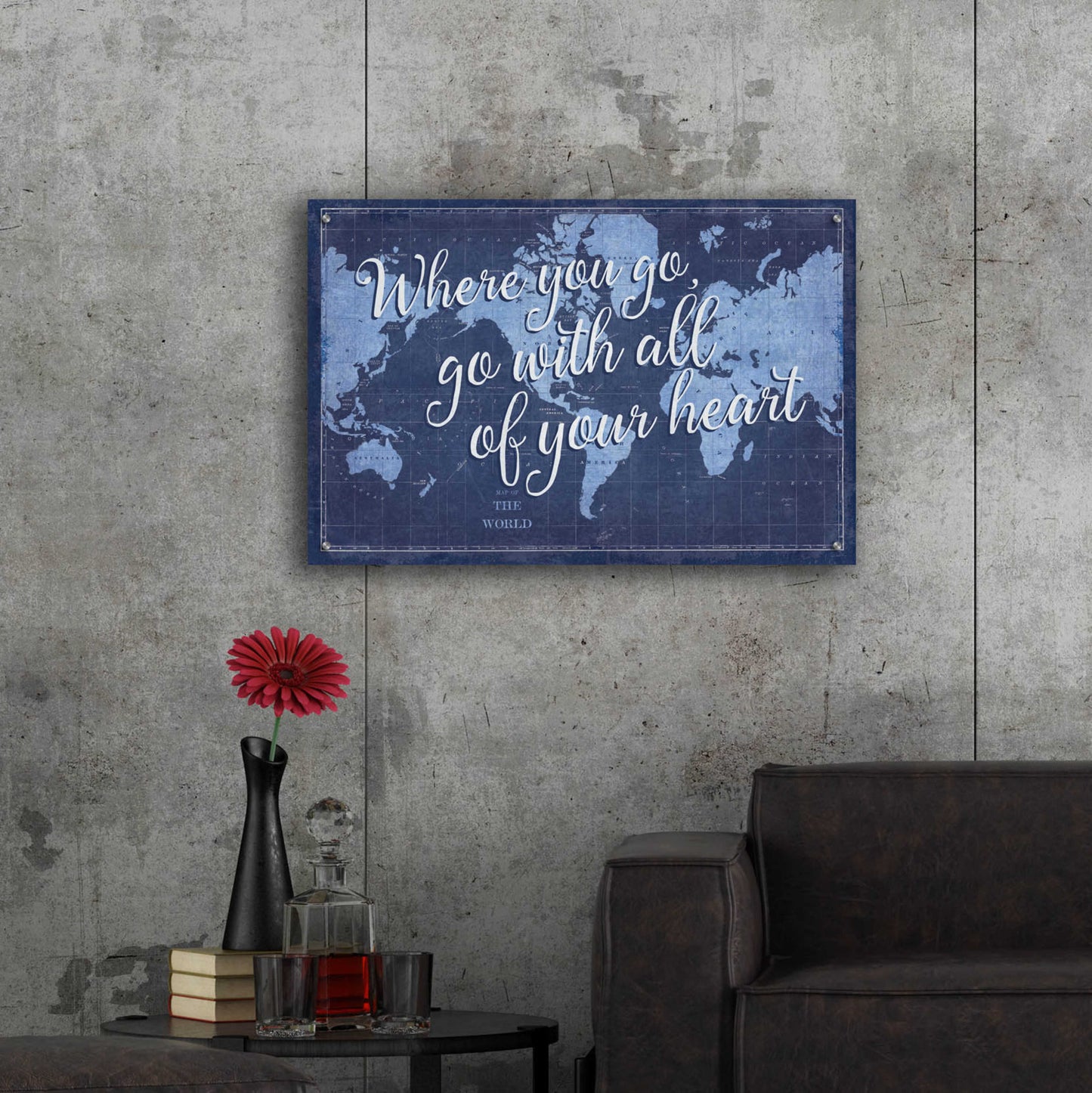 Epic Art 'Blueprint World Map Heart' by Sue Schlabach, Acrylic Glass Wall Art,36x24