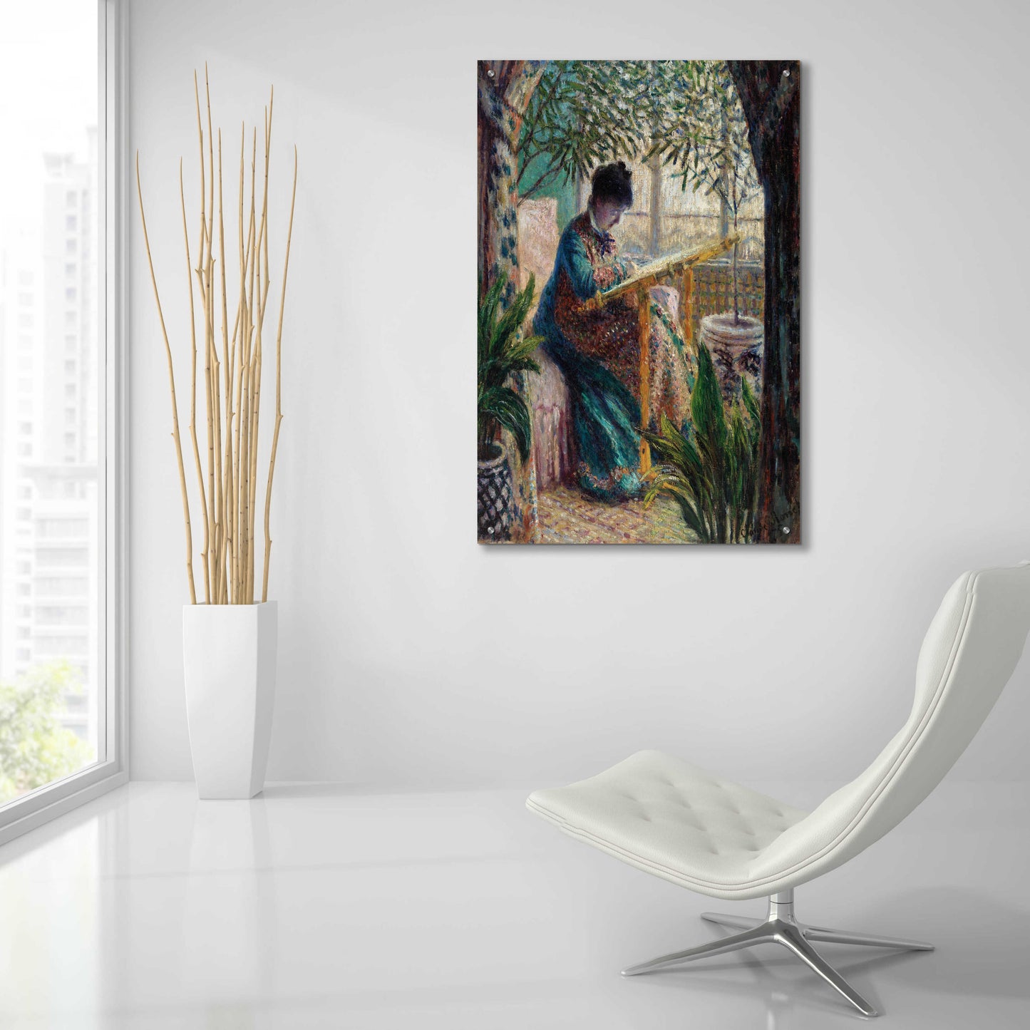 Epic Art 'Madame Monet Embroidering' by Claude Monet, Acrylic Glass Wall Art,24x36