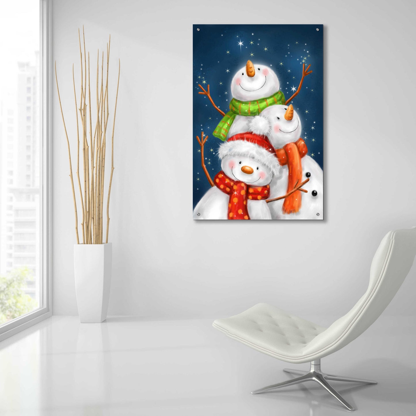 Epic Art 'Three Snowmen Blue Background' by Makiko, Acrylic Glass Wall Art,24x36