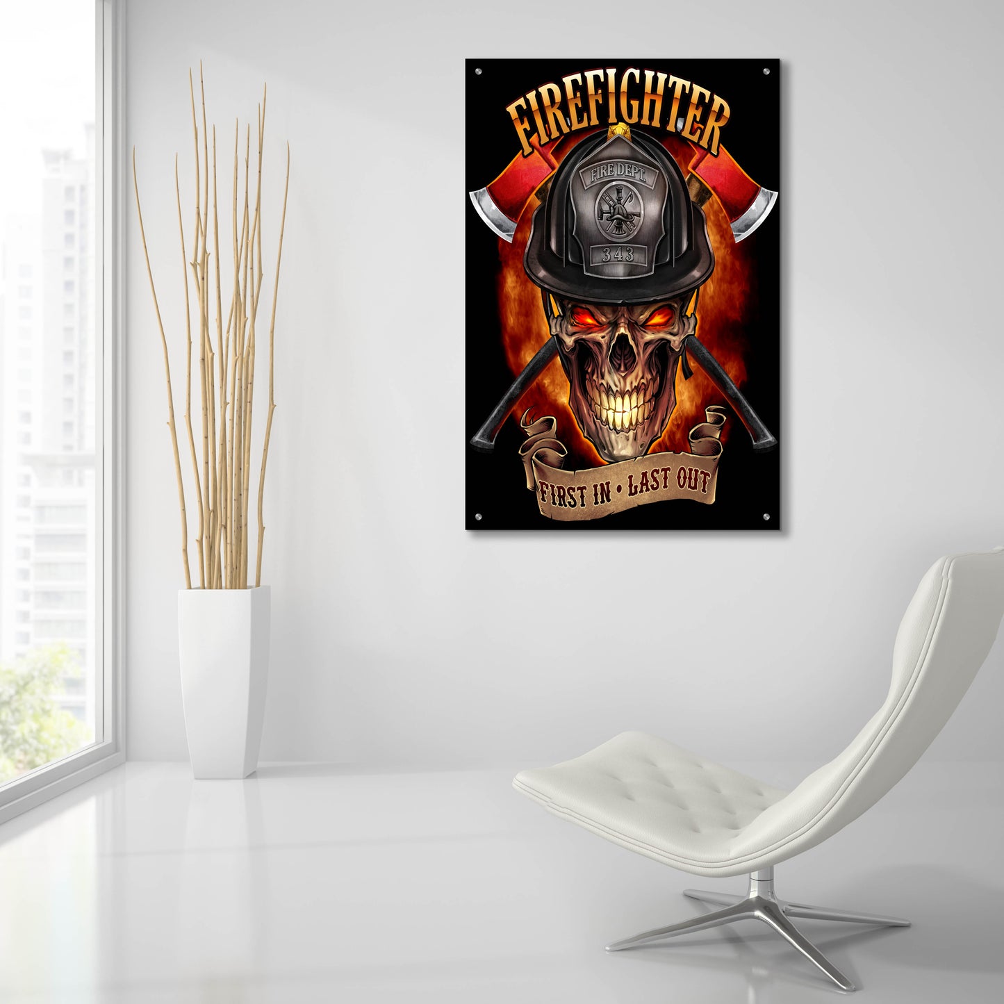 Epic Art 'Fire Fighter Skull' by Flyland Designs, Acrylic Glass Wall Art,24x36