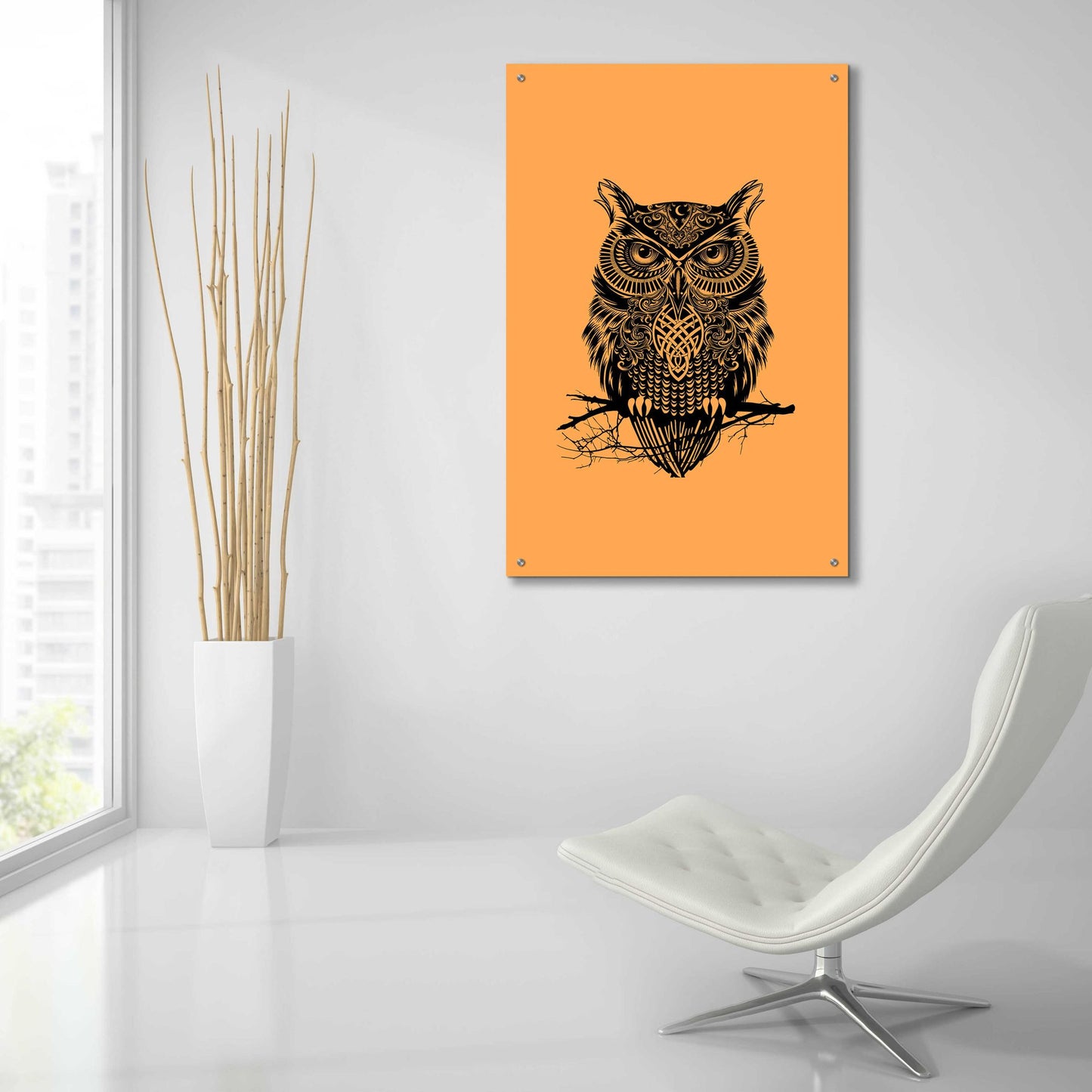 Epic Art 'Warrior Owl On Orange' by Rachel Caldwell, Acrylic Glass Wall Art,24x36