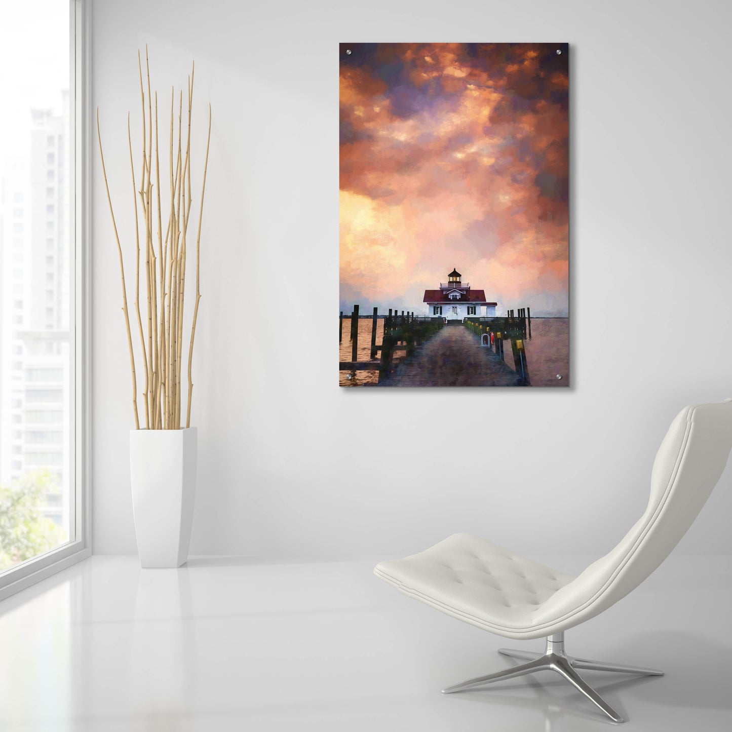 Epic Art 'Dawn at Roanoke Marshes Lighthouse Oil Painting' by Rick Berk, Acrylic Glass Wall Art,24x36