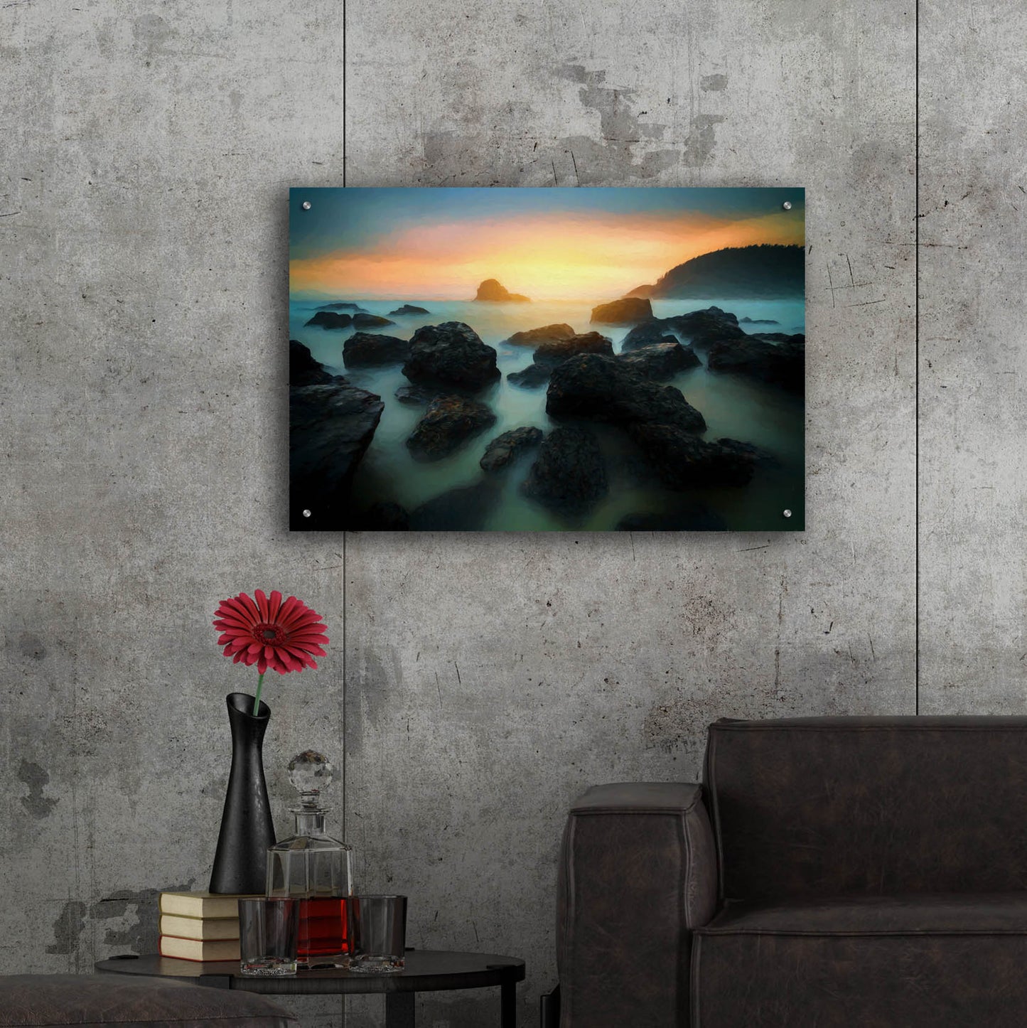 Epic Art 'Misty Sunset on Indian Beach Oil Painting' by Rick Berk, Acrylic Glass Wall Art,36x24
