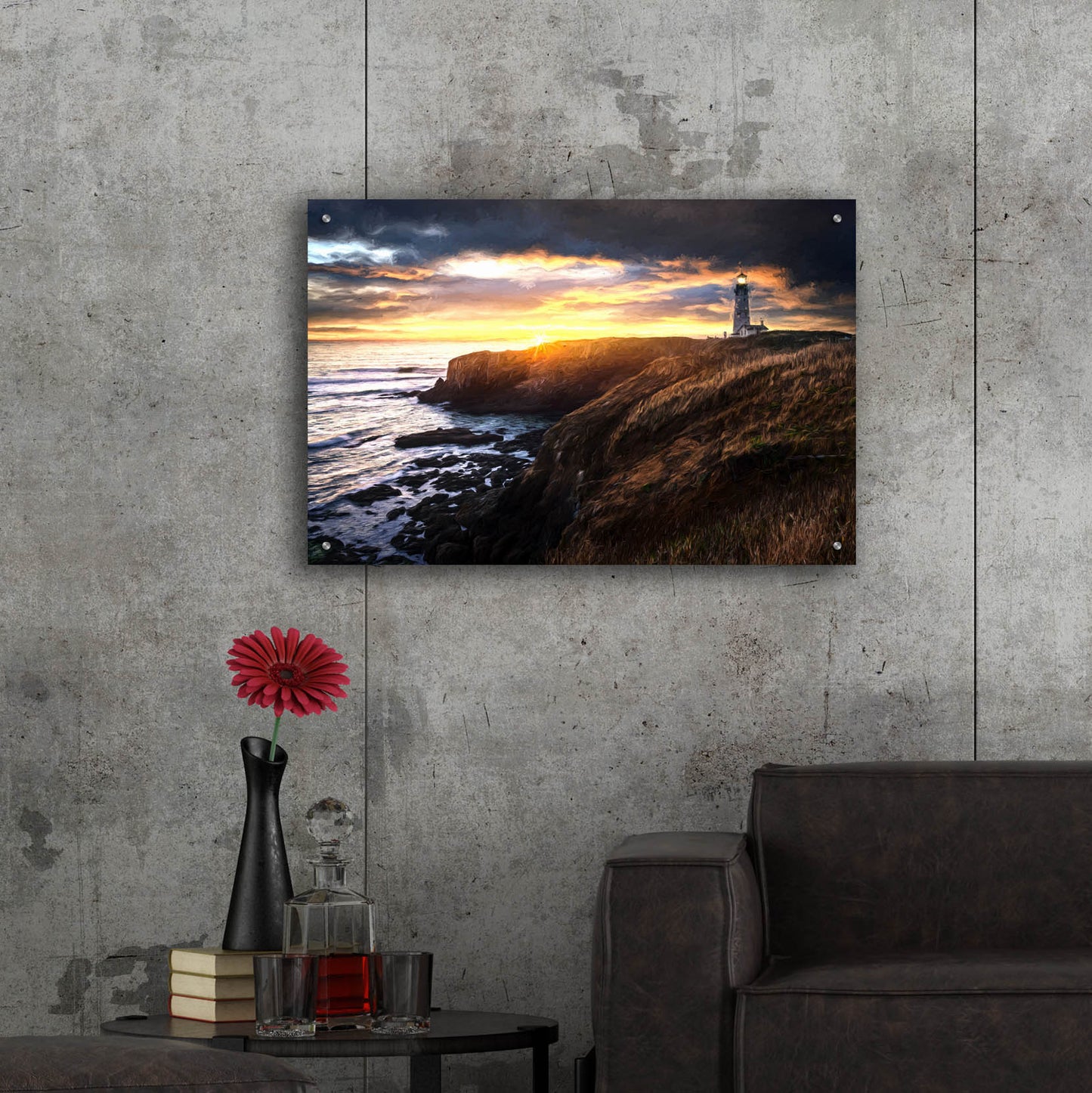 Epic Art 'Sunset at Yaquina Head Lighthouse Oil Painting' by Rick Berk, Acrylic Glass Wall Art,36x24