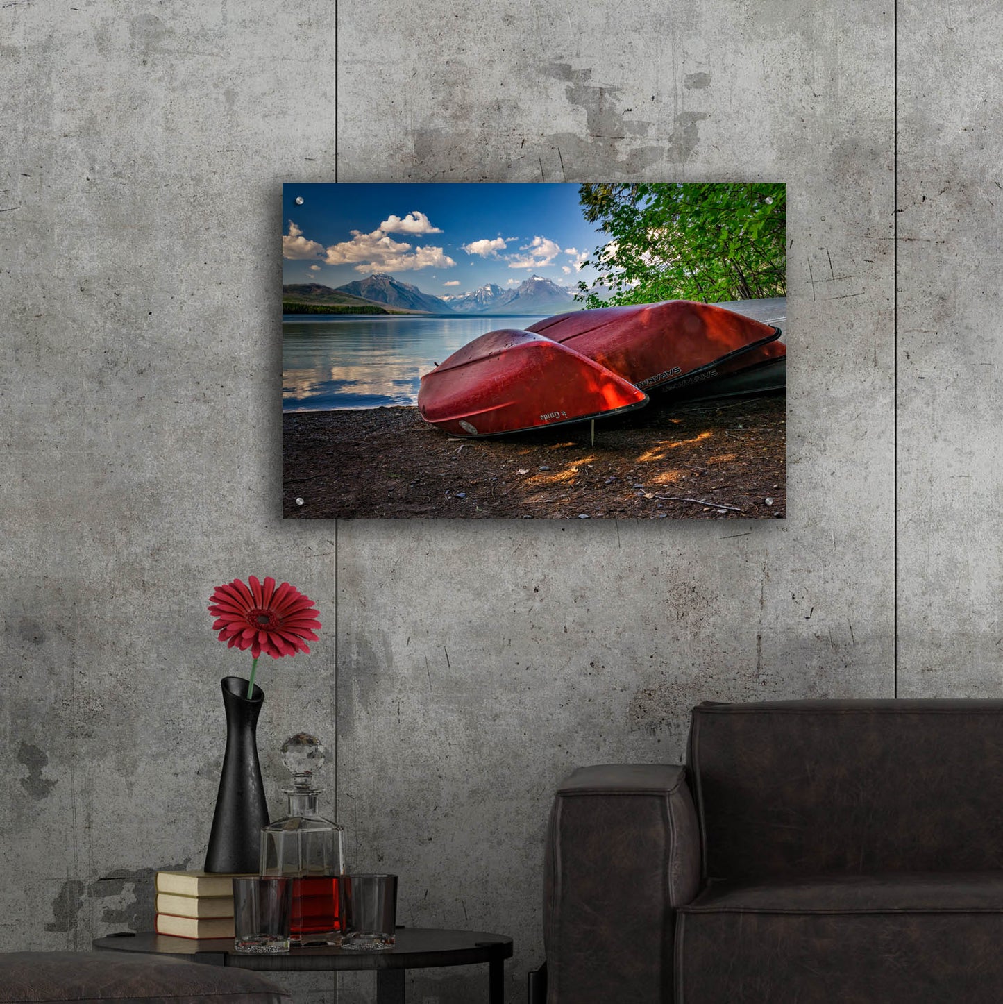 Epic Art 'Red Canoes on Lake McDonald' by Rick Berk, Acrylic Glass Wall Art,36x24