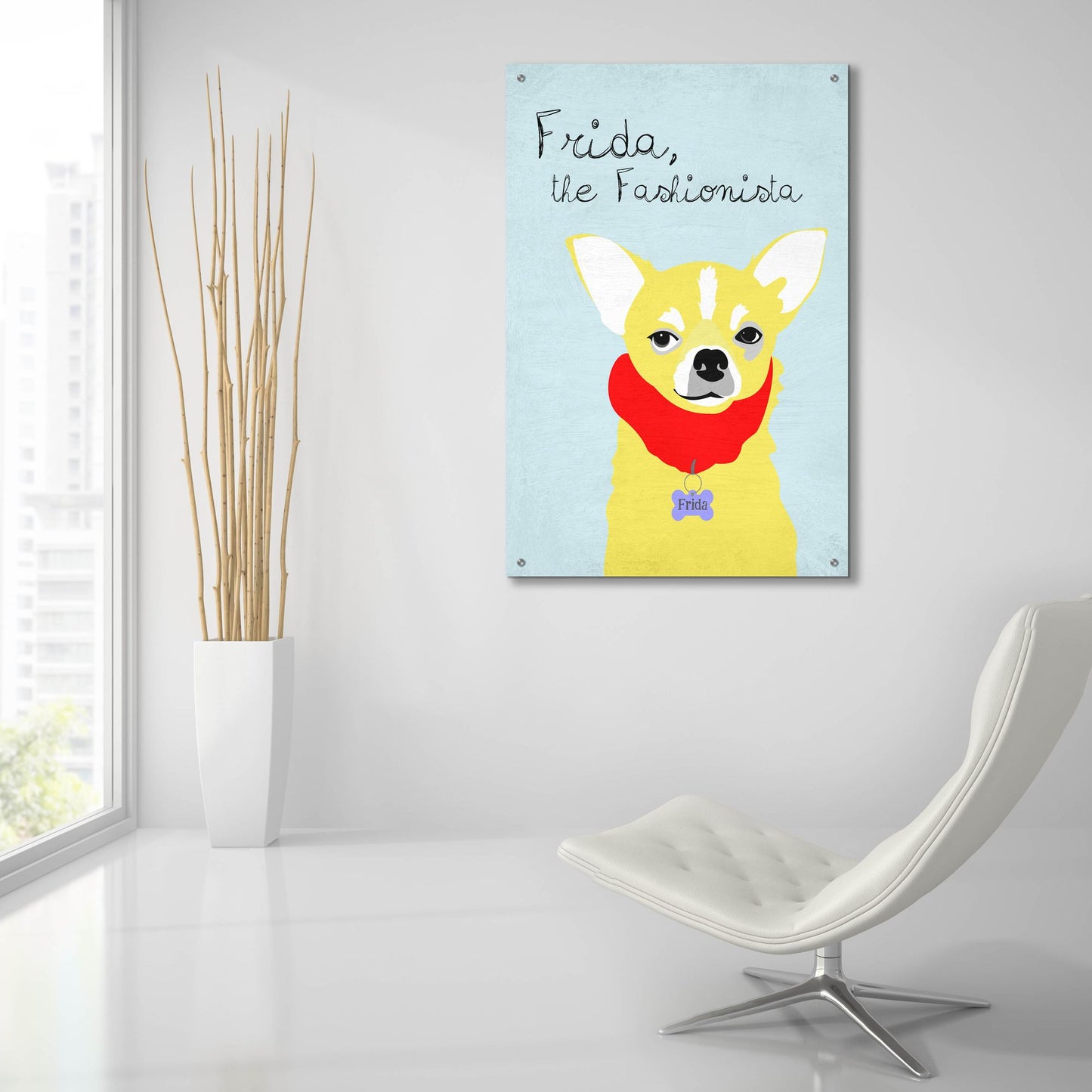 Epic Art 'Frida The Fashionista Chihuahua' by Ginger Oliphant, Acrylic Glass Wall Art,24x36