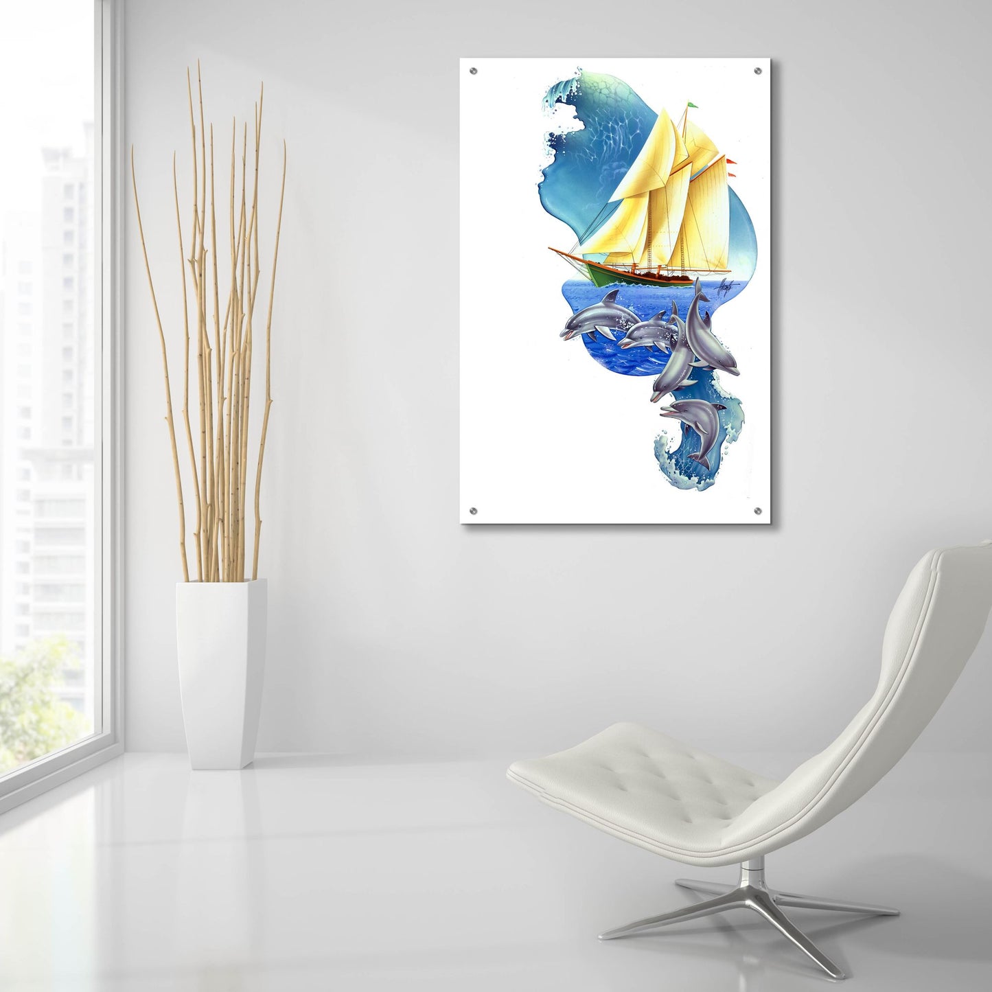 Epic Art 'Sailboat Dolphin Wave' by James Mazzotta, Acrylic Glass Wall Art,24x36