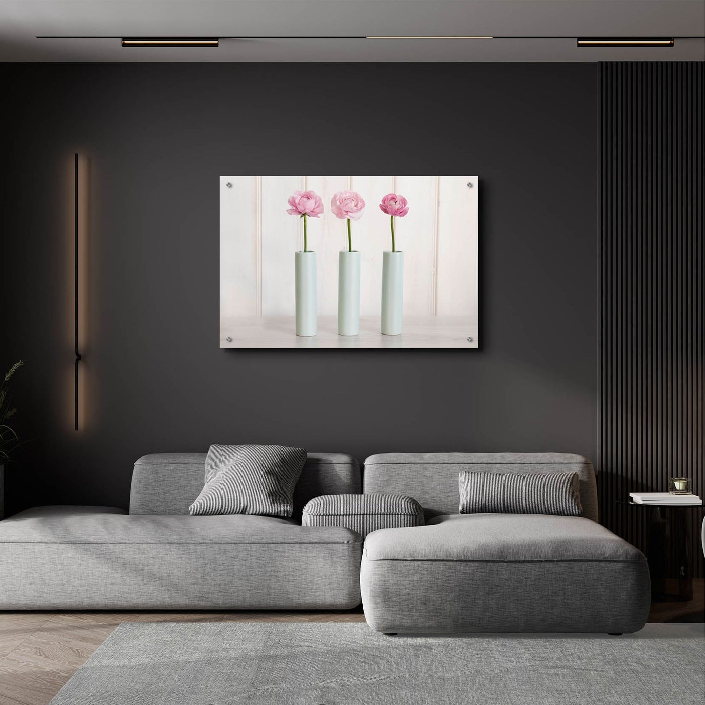 Epic Art 'Row Of 3 Pink Flowers In Blue Vases' by Tom Quartermaine, Acrylic Glass Wall Art,36x24