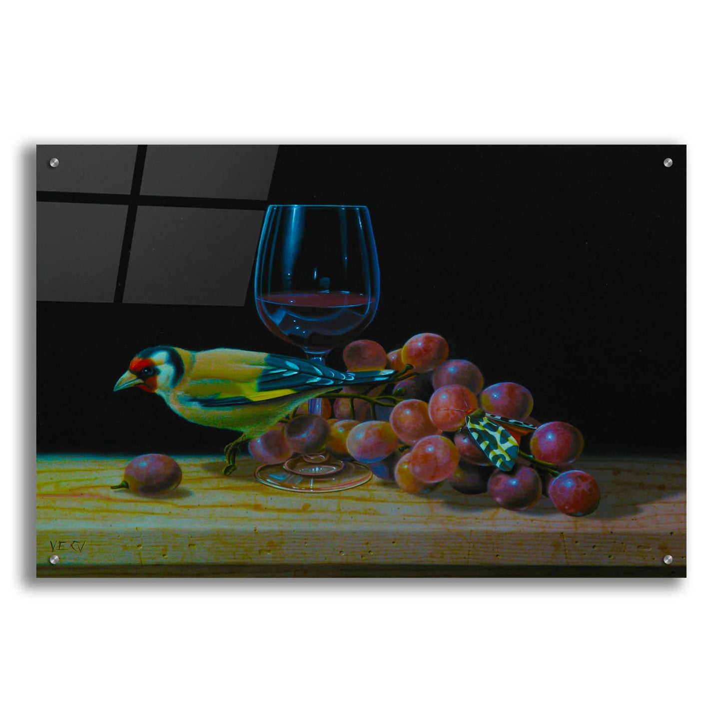 Epic Art 'The Goldfinch And The Glass Of Wine' by Valery Vecu Quitard, Acrylic Glass Wall Art