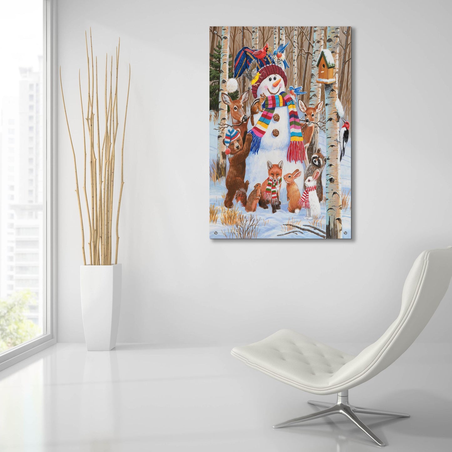 Epic Art 'Forest Animals Decorating Snowman' by William Vanderdasson, Acrylic Glass Wall Art,24x36