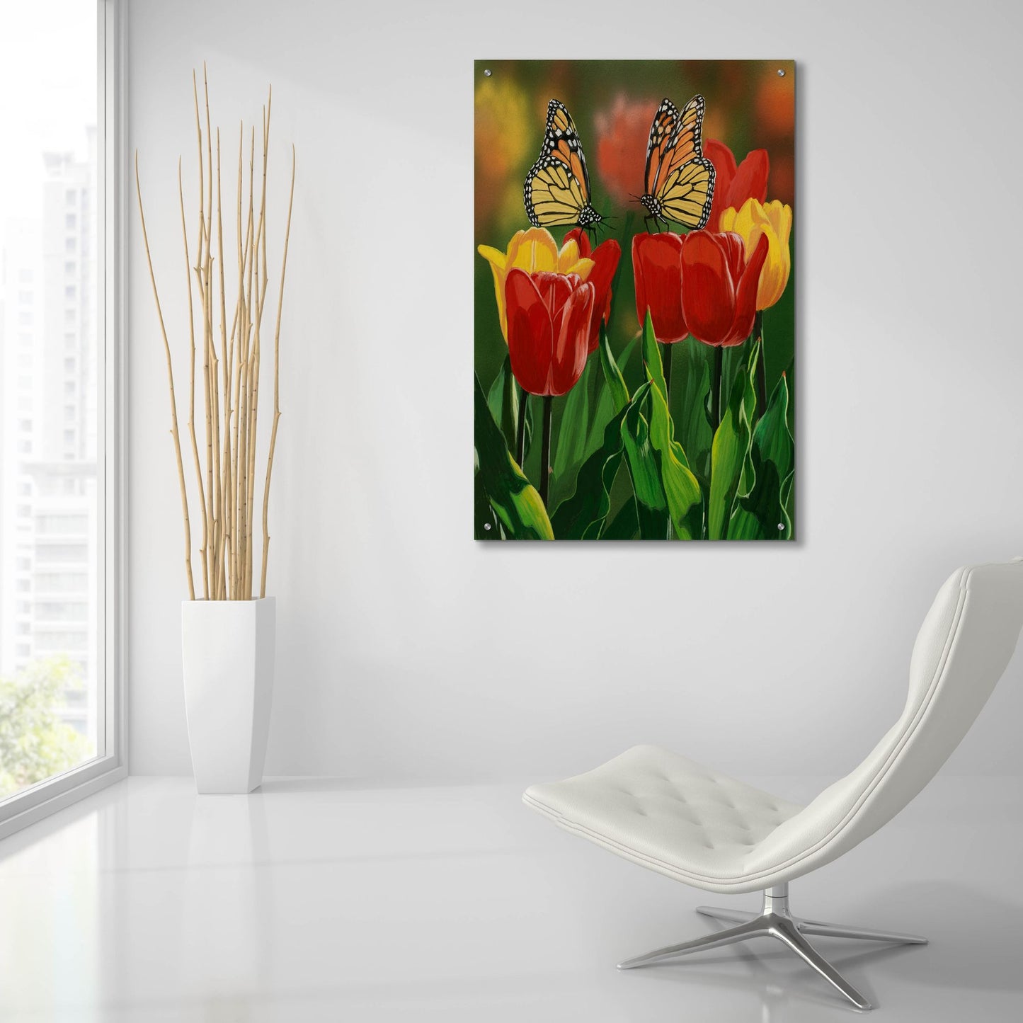 Epic Art 'Monarchs And Tulips' by William Vanderdasson, Acrylic Glass Wall Art,24x36