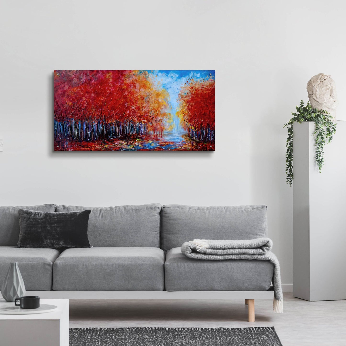 Epic Art 'Red Fall Forest on a Rainy Day ' by Lena Owens, Acrylic Glass Wall Art,48x24