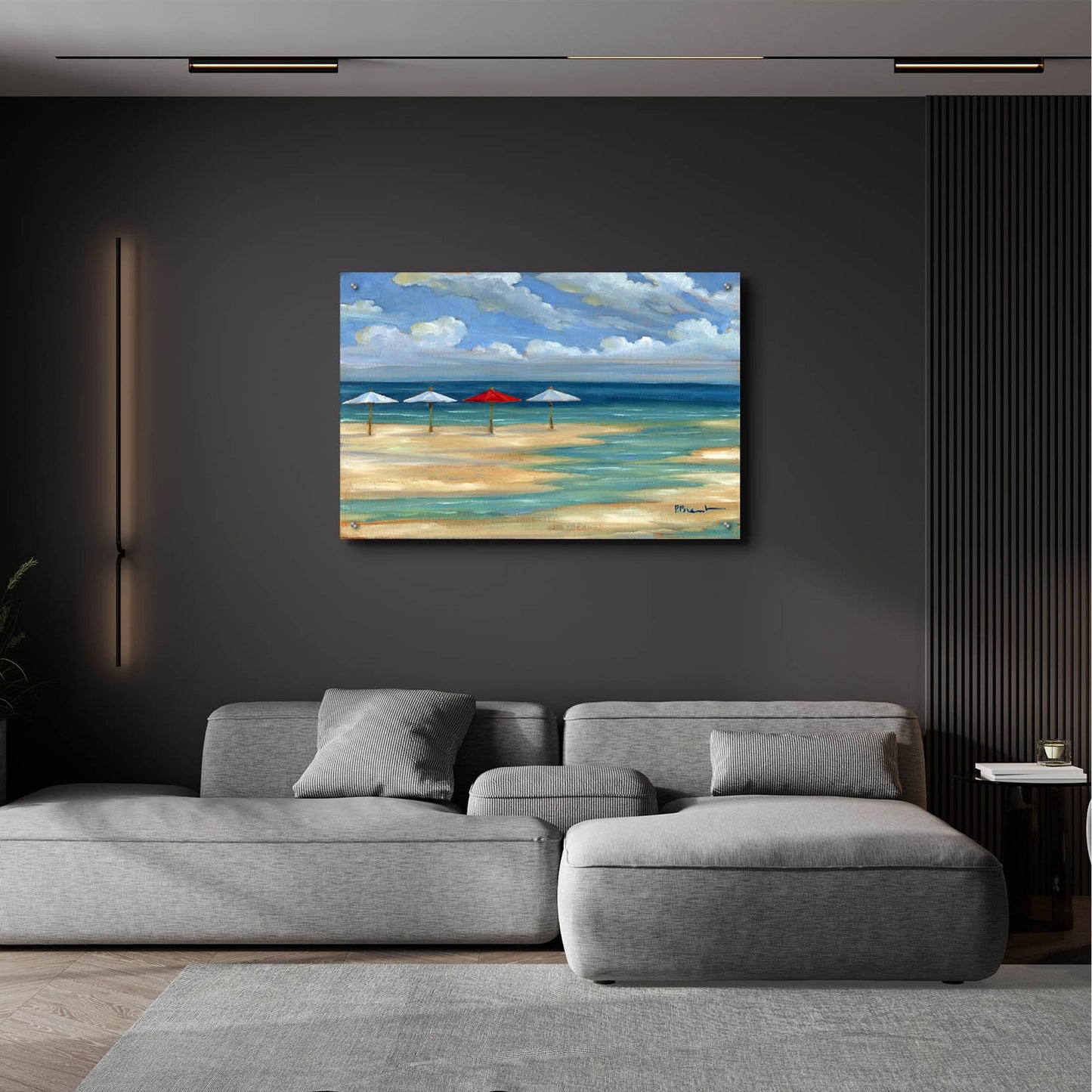 Epic Art 'Umbrella Beachscape - White and Red' by Paul Brent, Acrylic Glass Wall Art,36x24