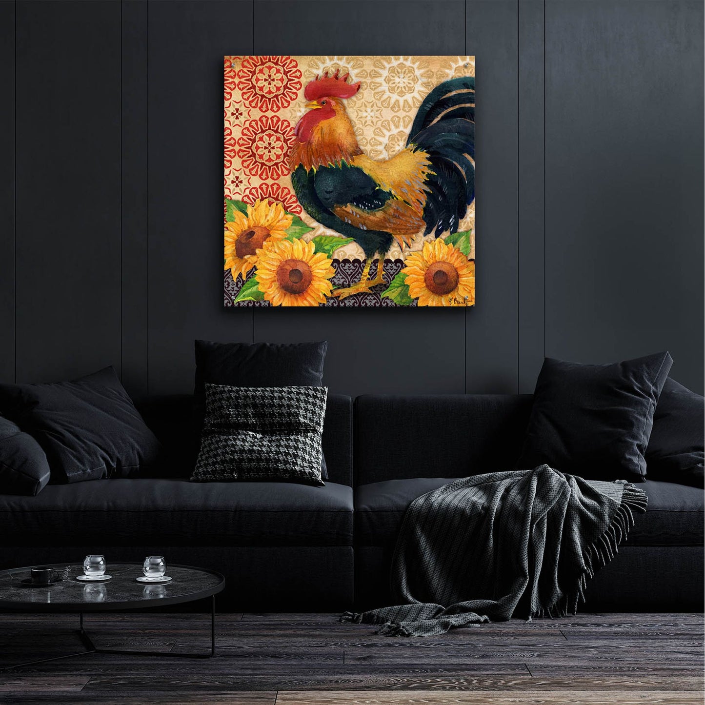 Epic Art 'Roosters and Sunflowers II' by Paul Brent, Acrylic Glass Wall Art,36x36