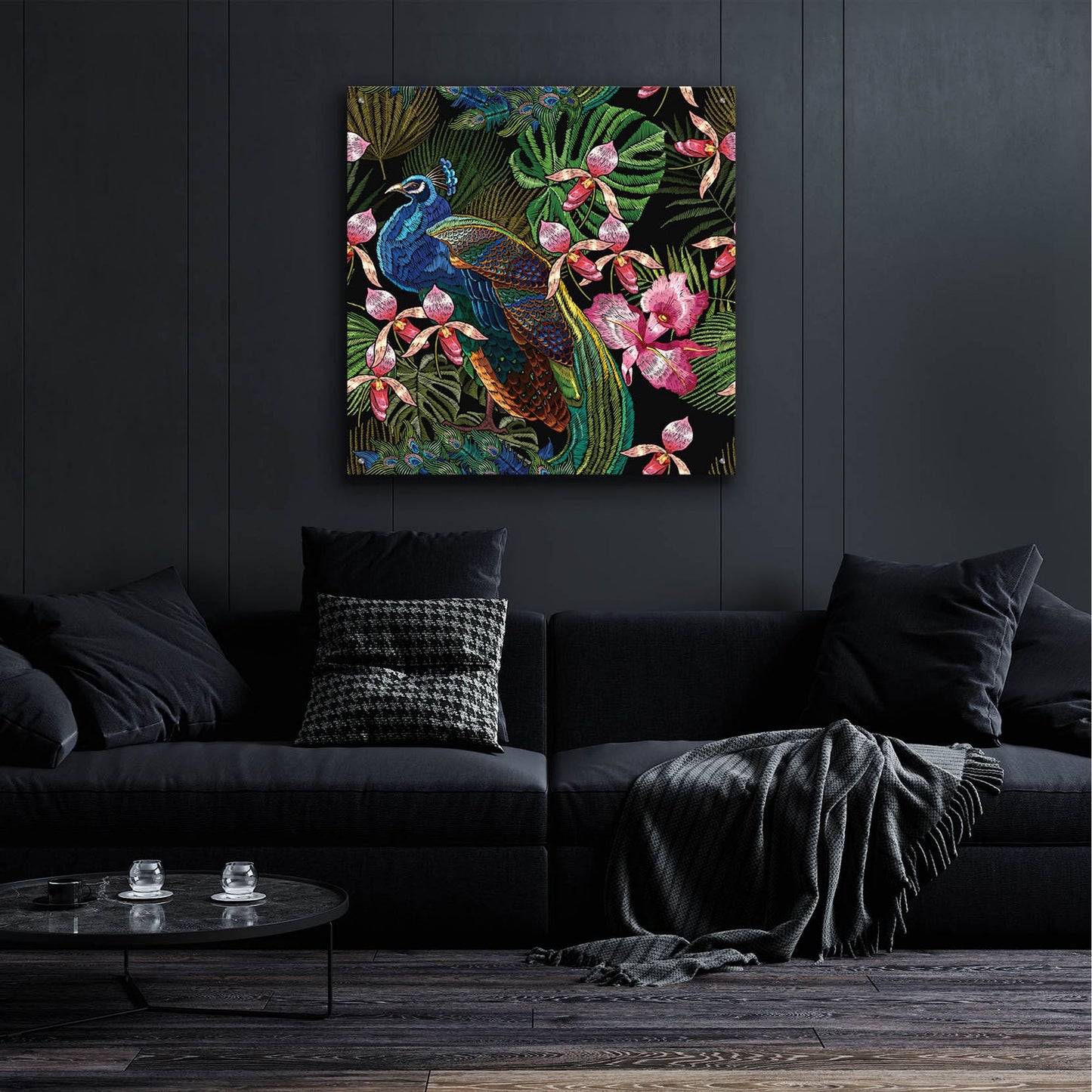 Epic Art 'Embroidery Peacock Exotic Tropical Flower' by Epic Portfolio, Acrylic Glass Wall Art,36x36