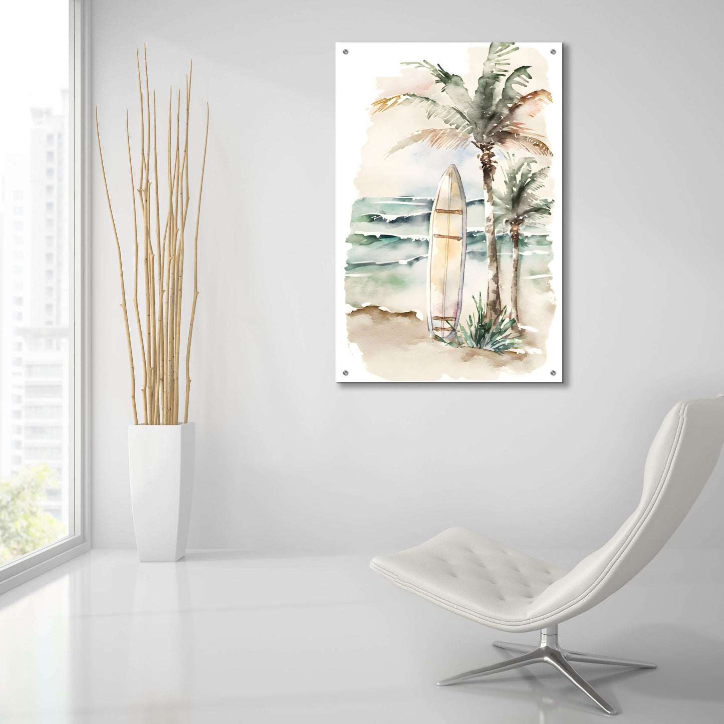 Epic Art 'Watercolor Beach Surfboard' by Petals Prints Design, Acrylic Glass Wall Art,24x36
