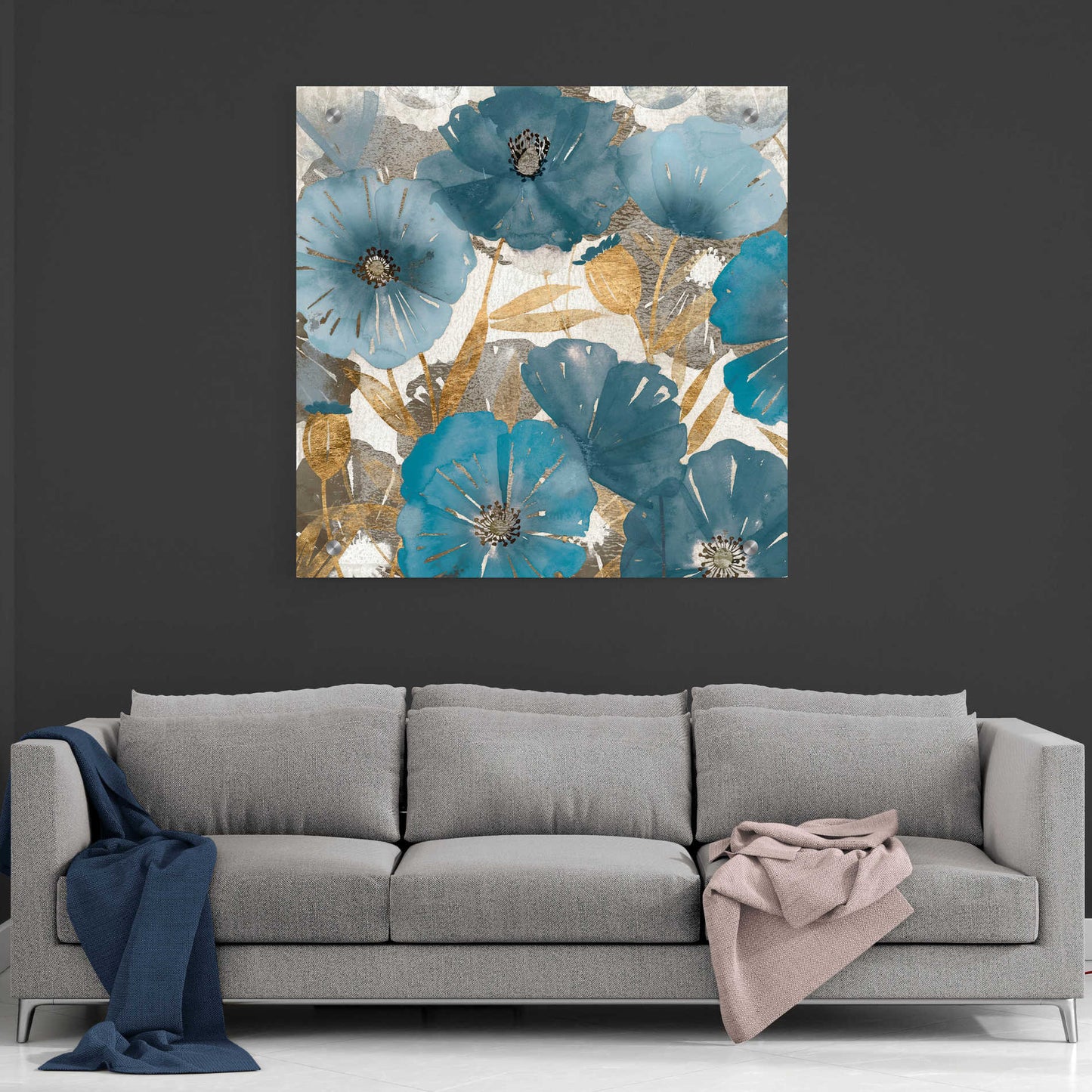 Epic Art 'Blue and Gold Poppies I' by Studio W, Acrylic Glass Wall Art,36x36