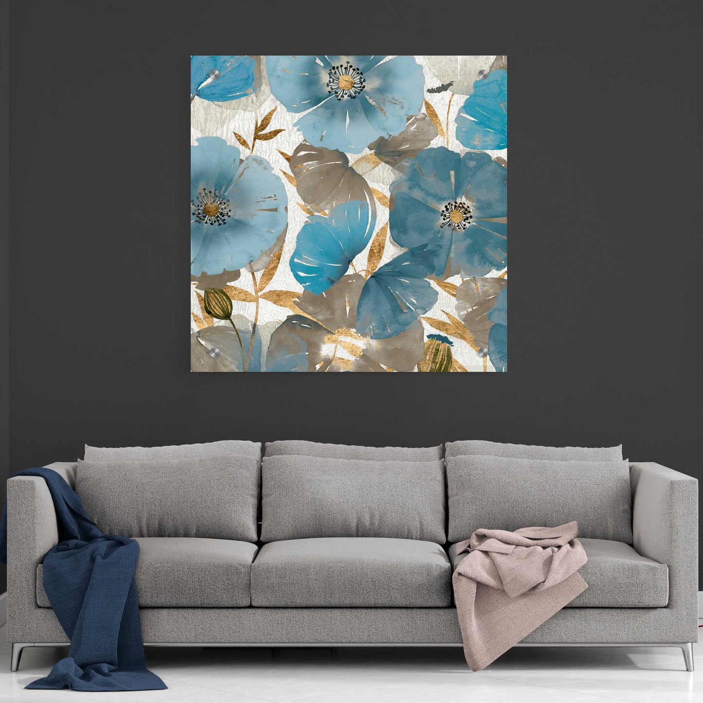 Epic Art 'Blue and Gold Poppies II' by Studio W, Acrylic Glass Wall Art,36x36