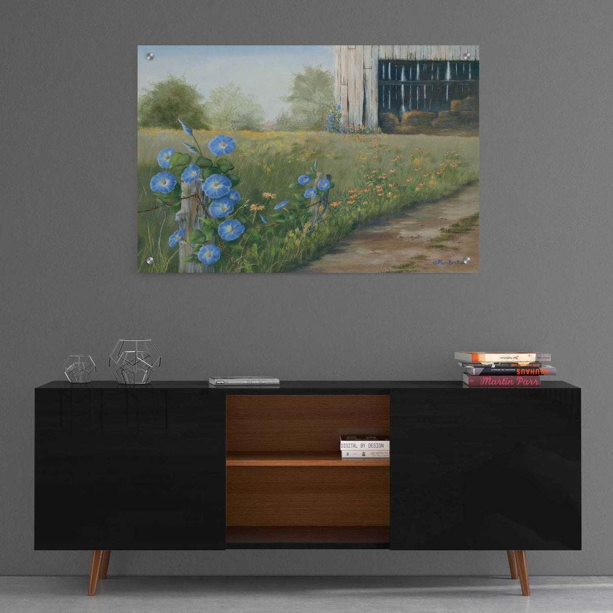 Epic Art 'Morning Glories & Hay Barn' by Pam Britton, Acrylic Glass Wall Art,36x24