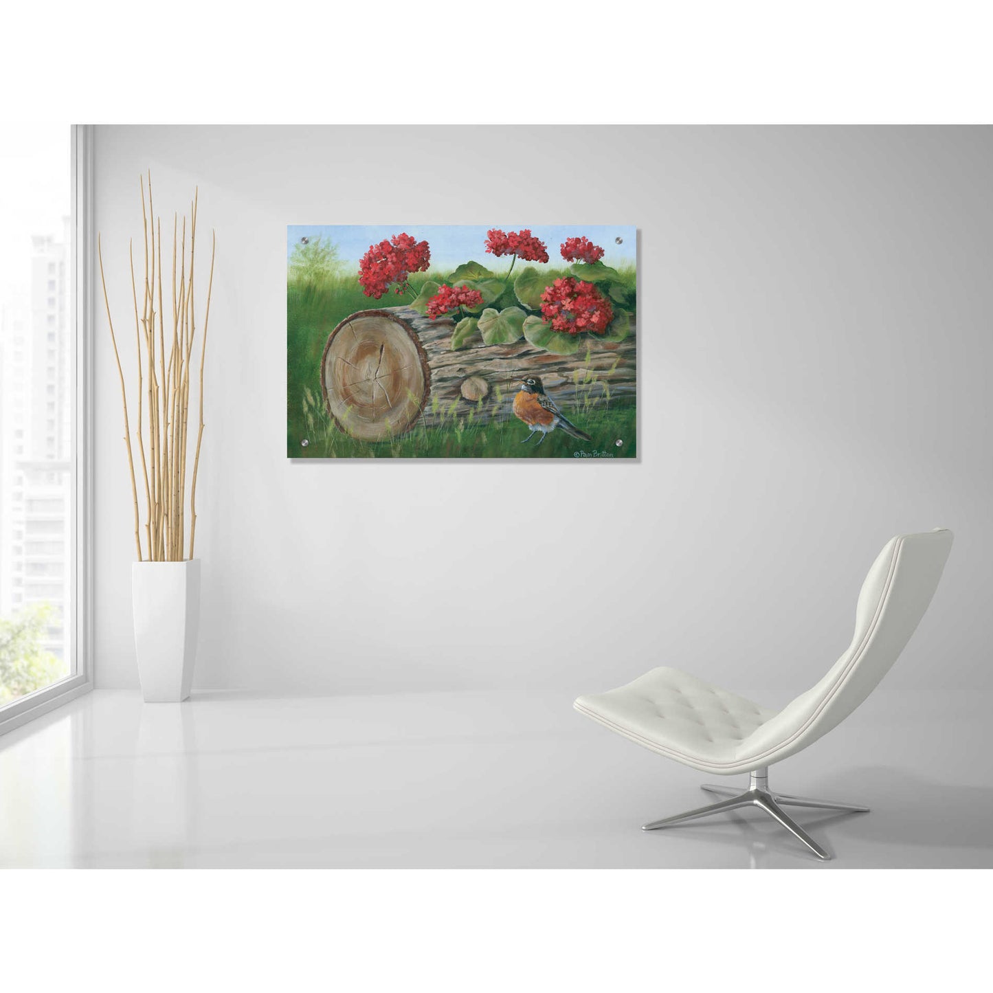 Epic Art 'Robin & Germaniums' by Pam Britton, Acrylic Glass Wall Art,36x24