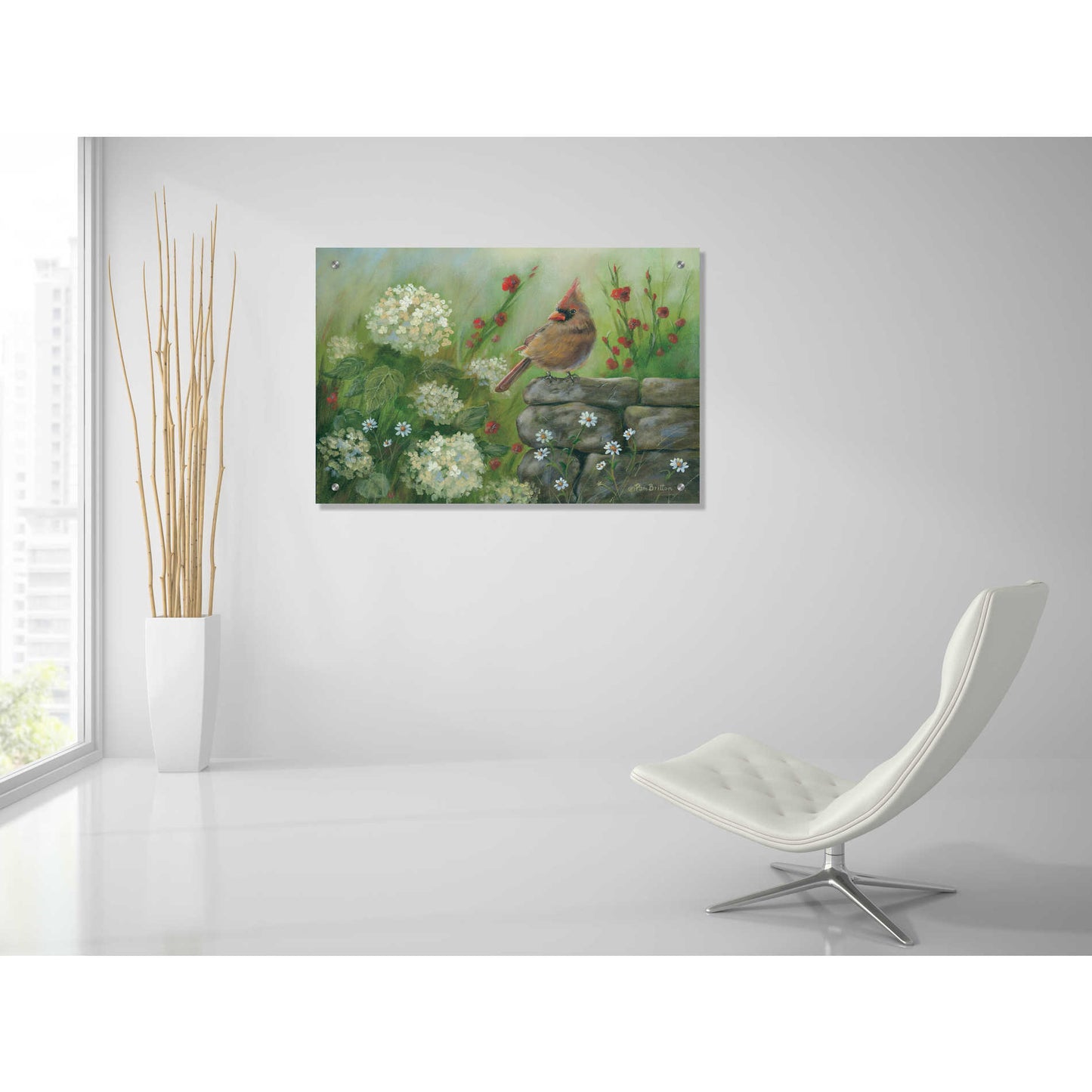 Epic Art 'Cardinal & Hydrangeas' by Pam Britton, Acrylic Glass Wall Art,36x24