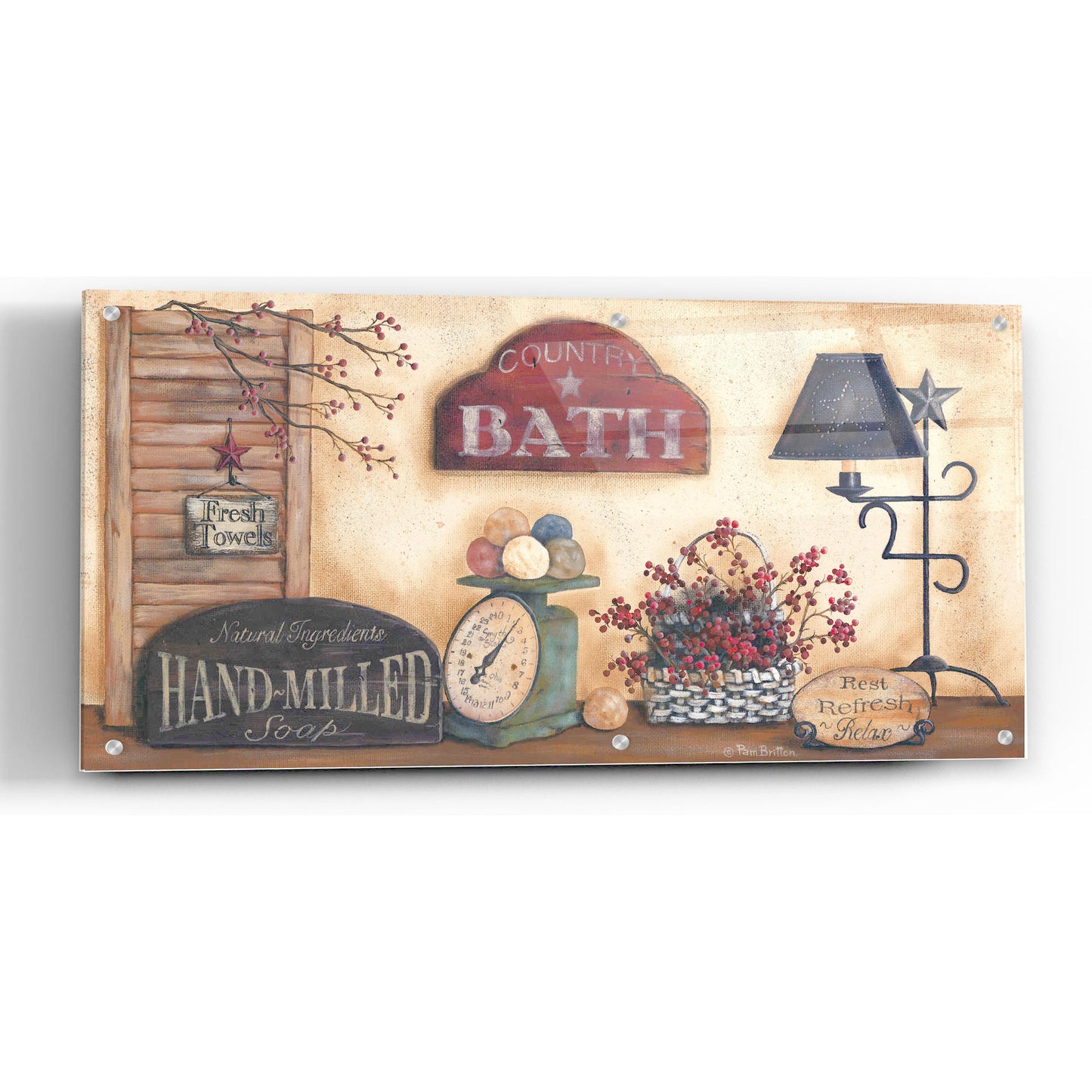 Epic Art 'Country Bath, Rest-Refresh-Relax' by Pam Britton, Acrylic Glass Wall Art,48x24