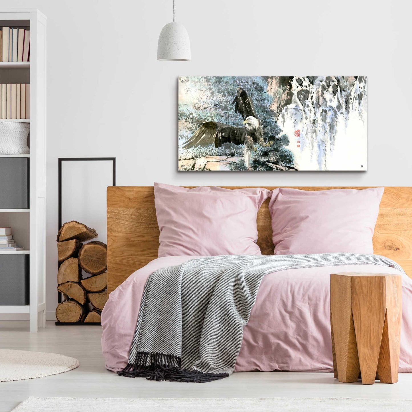 Epic Art 'Bald Eagle Over Cascading Waterfalls' by River Han, Acrylic Glass Wall Art,48x24