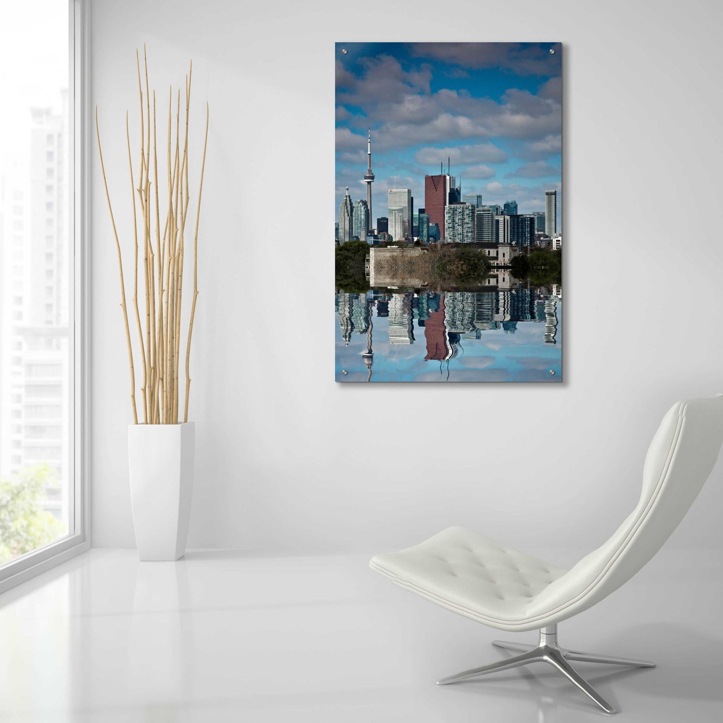 Epic Art 'Toronto Skyline From The Pape Ave Bridge Reflection No 1' by Brian Carson, Acrylic Glass Wall Art,24x36