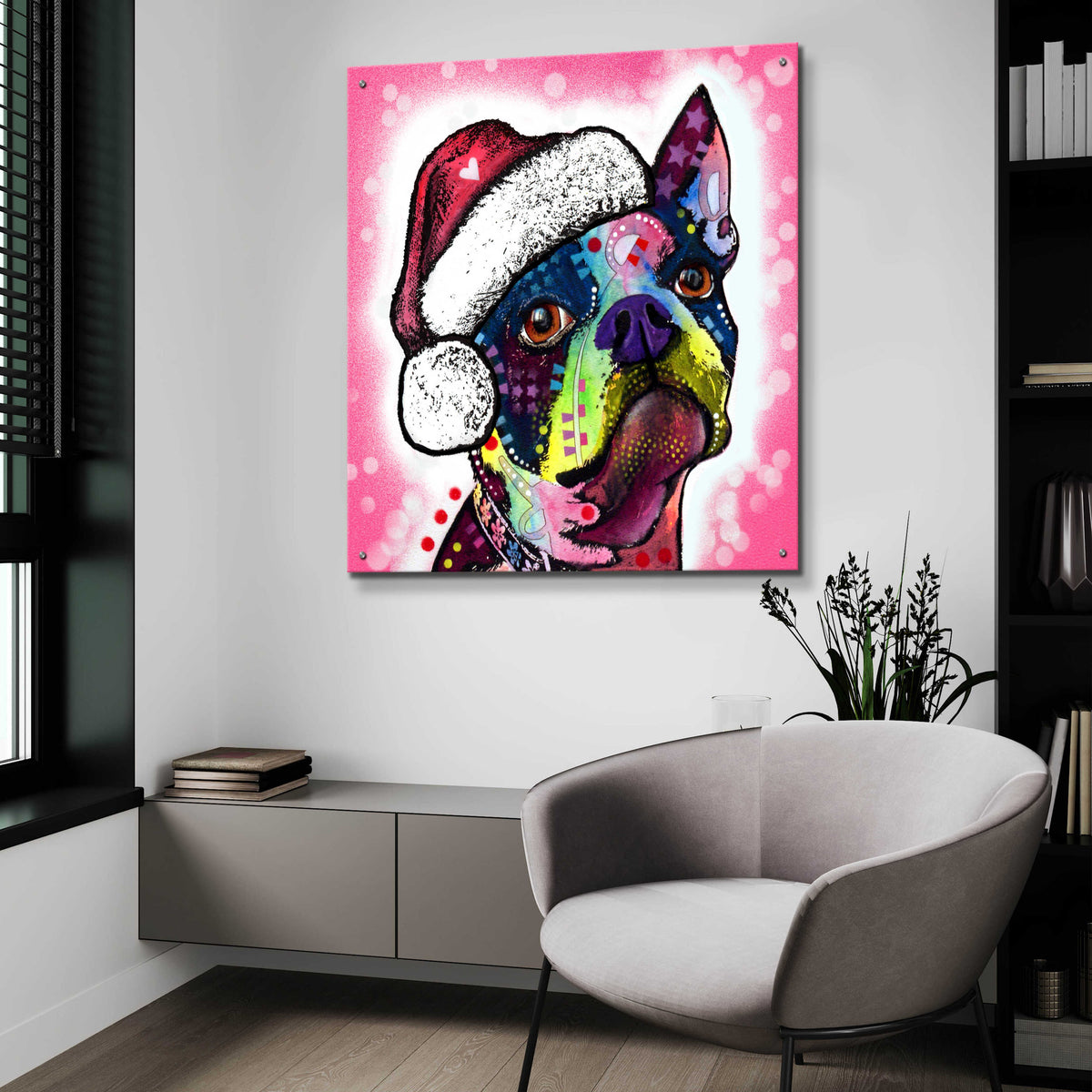 Epic Art 'Boston Terrier Christmas' by Dean Russo, Acrylic Glass Wall Art,36x36