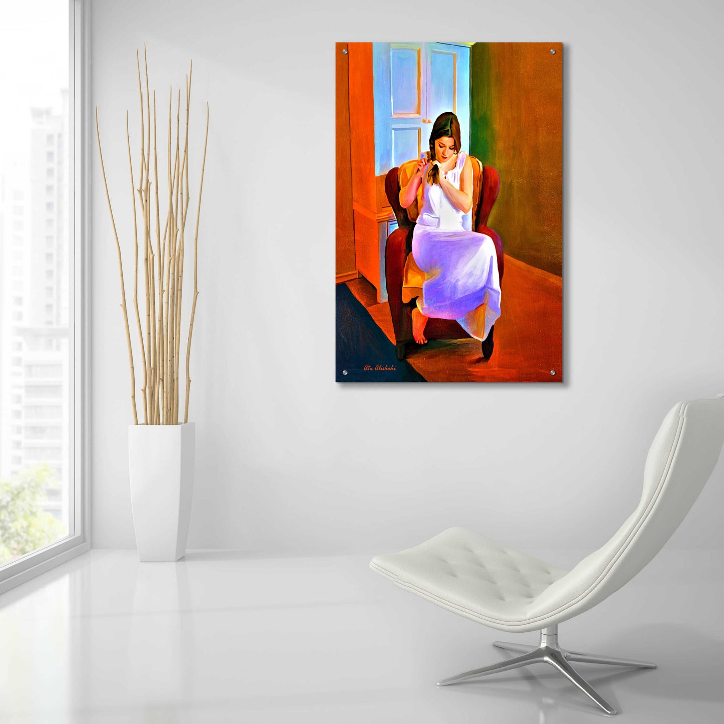 Epic Art 'Lady Sitting On A Chair' by Ata Alishahi, Acrylic Glass Wall Art,24x36