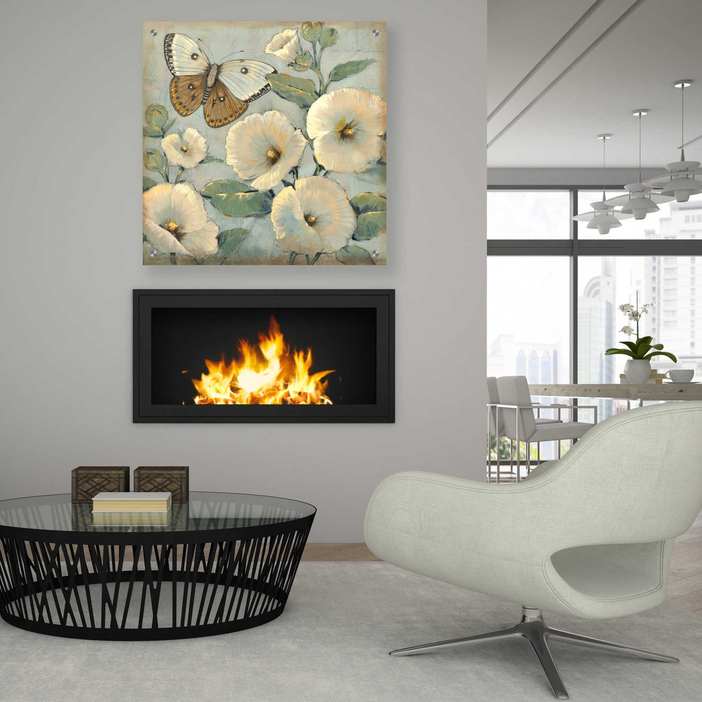 Epic Art 'Butterfly & Hollyhocks II' by Tim O'Toole, Acrylic Glass Wall Art,36x36