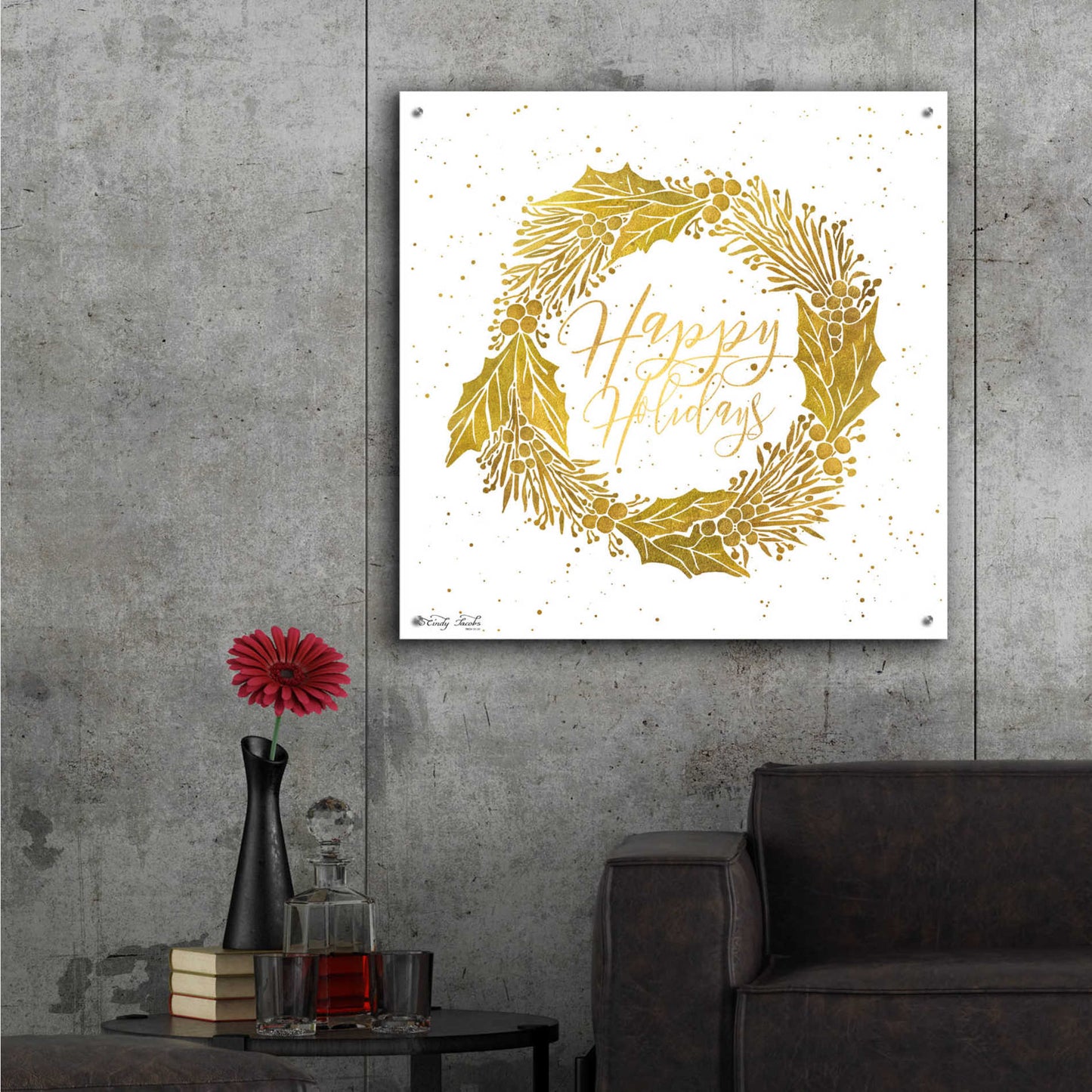 Epic Art 'Happy Holidays Golden Wreath' by Cindy Jacobs, Acrylic Glass Wall Art,36x36
