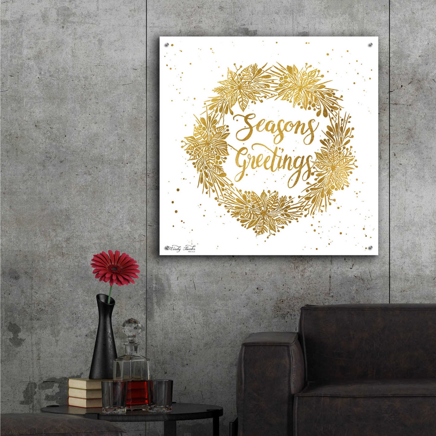 Epic Art 'Seasons Greetings Gold Wreath' by Cindy Jacobs, Acrylic Glass Wall Art,36x36