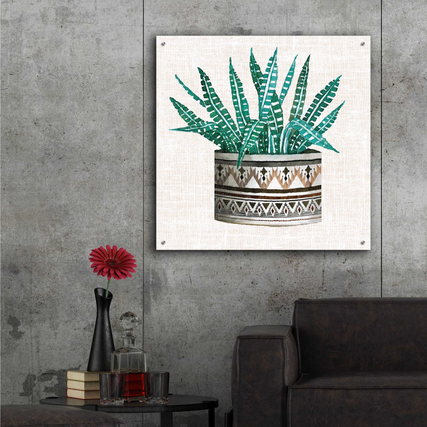 Epic Art 'Cactus Mud Cloth Vase III' by Cindy Jacobs, Acrylic Glass Wall Art,36x36