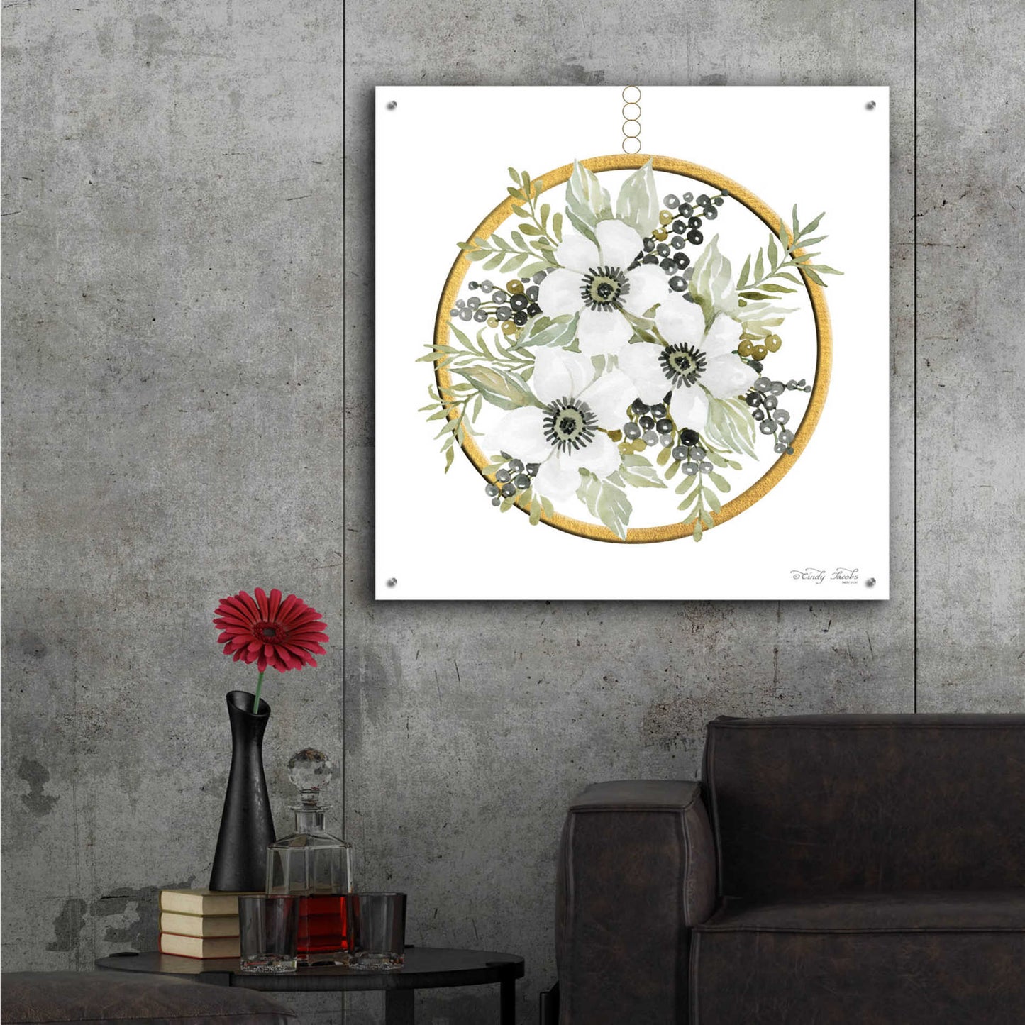 Epic Art 'Geometric Circle Muted Floral' by Cindy Jacobs, Acrylic Glass Wall Art,36x36
