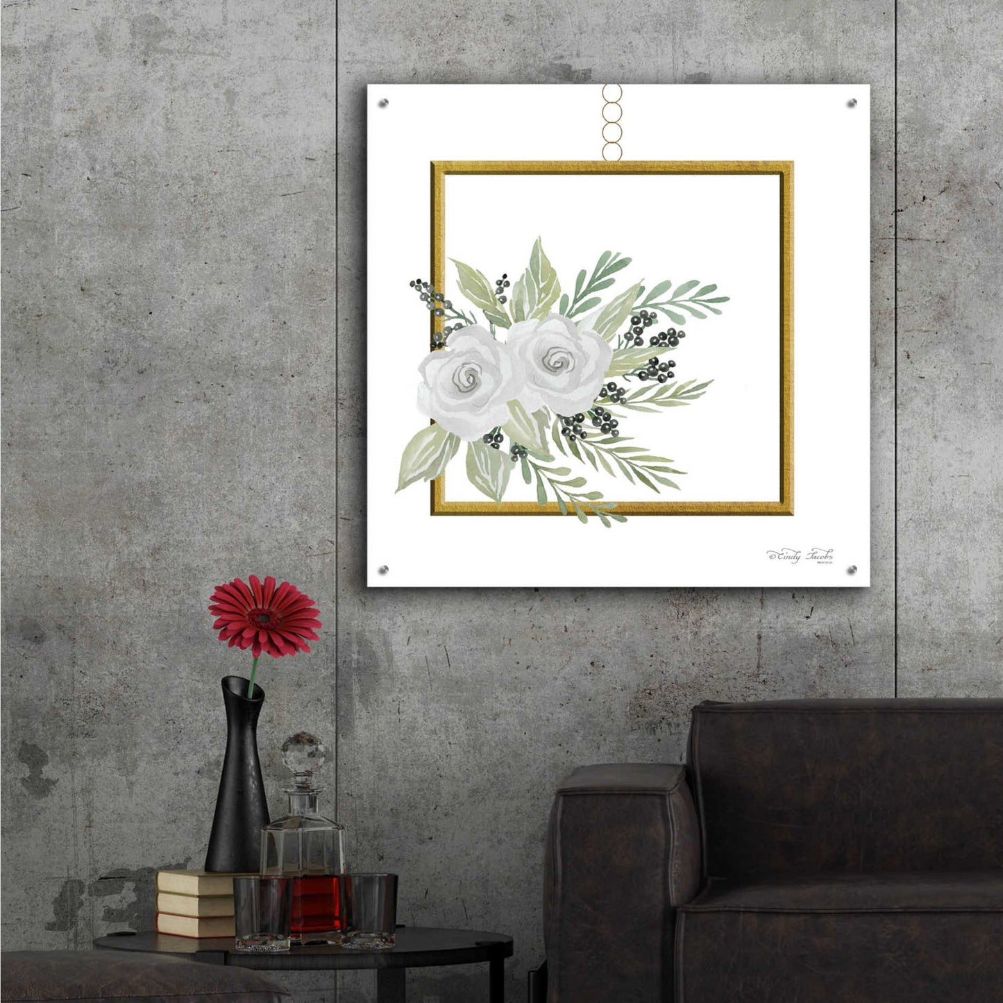 Epic Art 'Geometric Square Muted Floral' by Cindy Jacobs, Acrylic Glass Wall Art,36x36