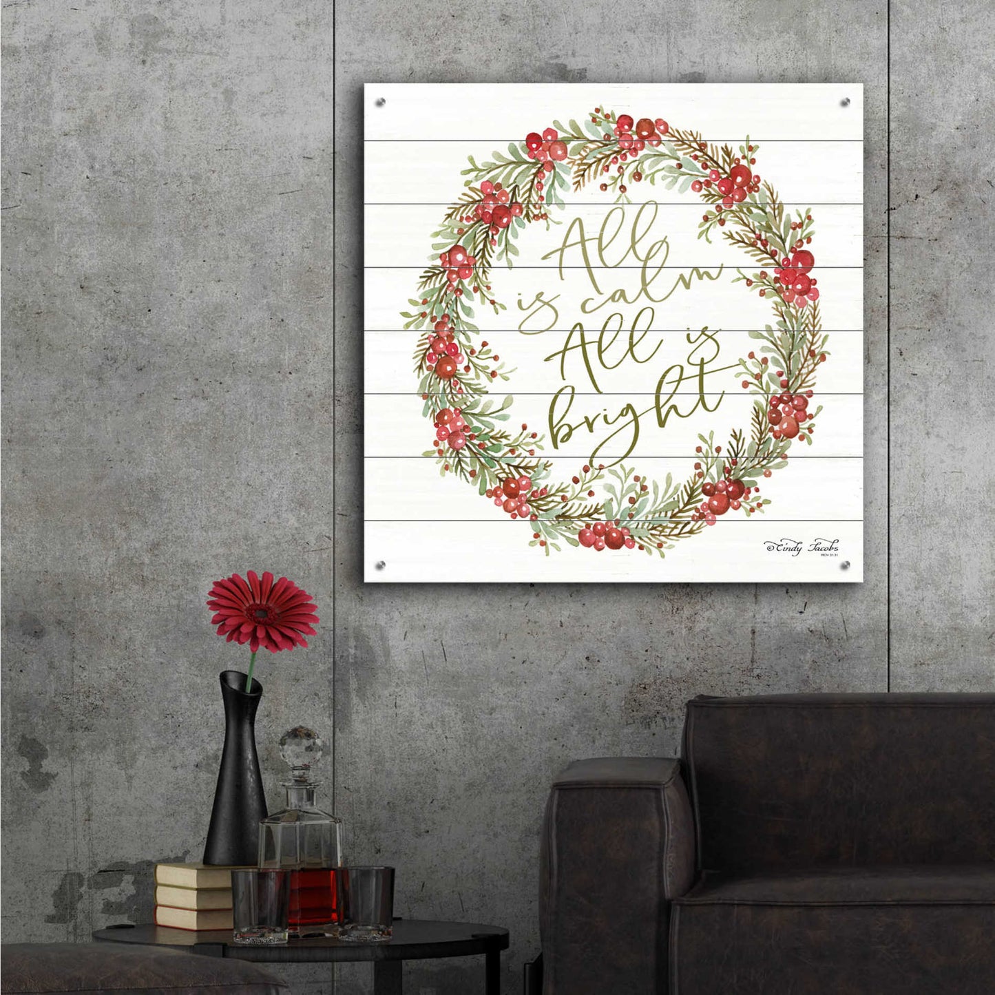 Epic Art 'All is Calm Berry Wreath' by Cindy Jacobs, Acrylic Glass Wall Art,36x36