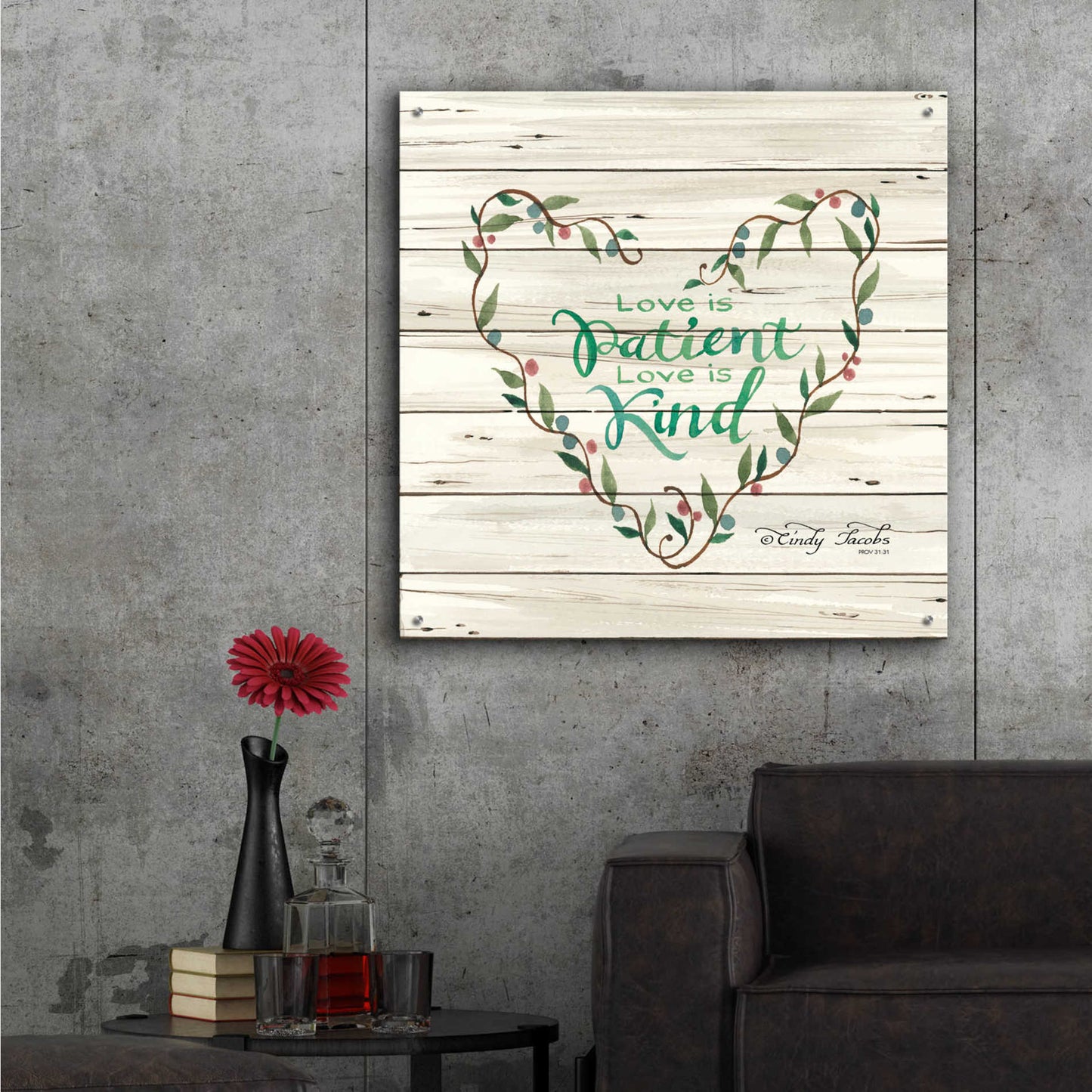 Epic Art 'Love is Patient Heart Wreath' by Cindy Jacobs, Acrylic Glass Wall Art,36x36