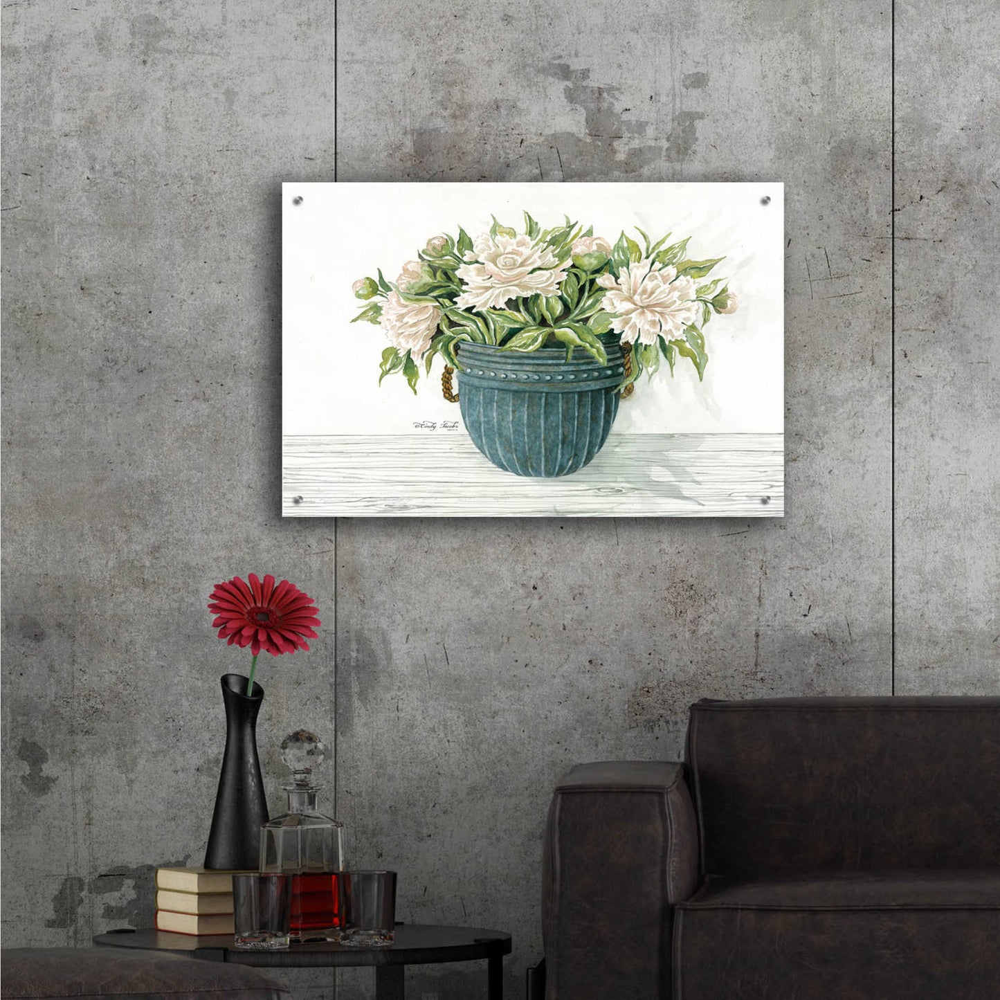 Epic Art 'Galvanized Pot Peonies' by Cindy Jacobs, Acrylic Glass Wall Art,36x24