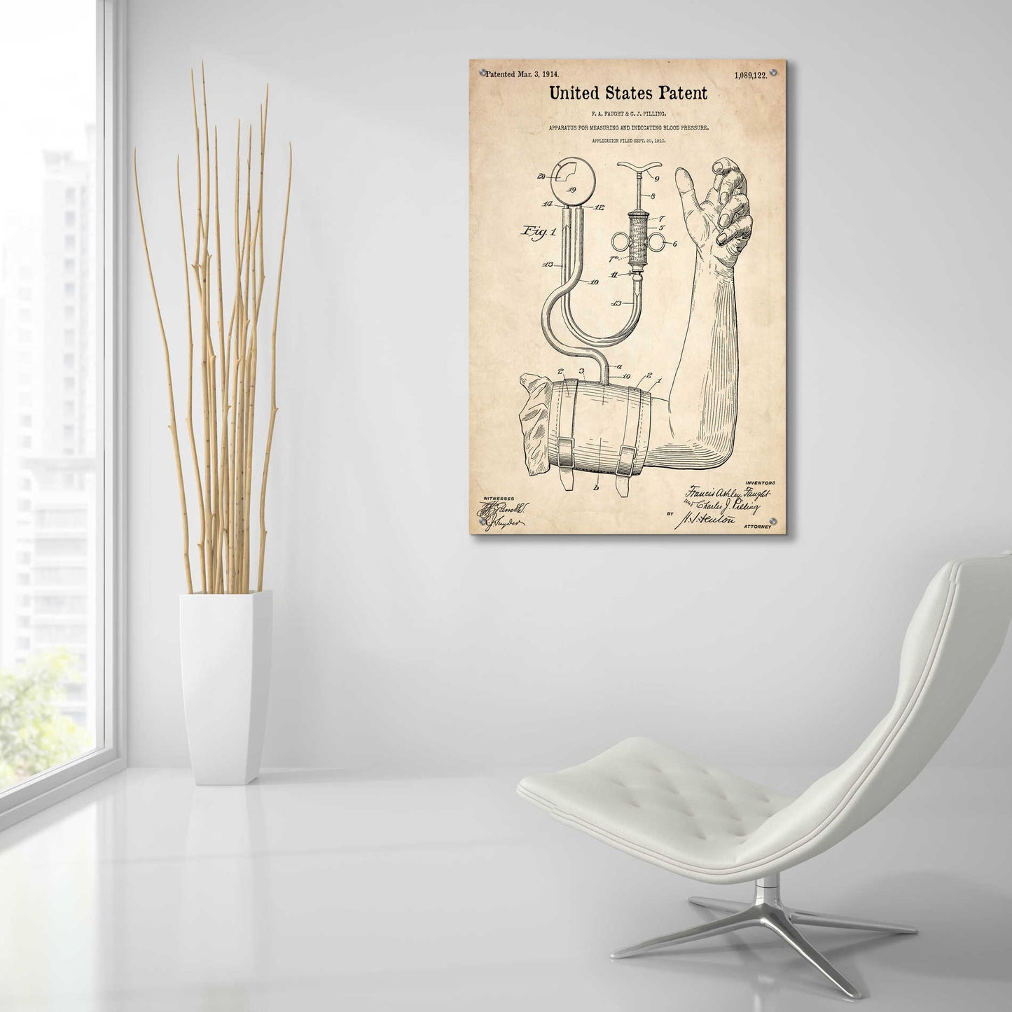 Epic Art 'Blood Pressure Pump Blueprint Patent Parchment,' Acrylic Glass Wall Art,24x36