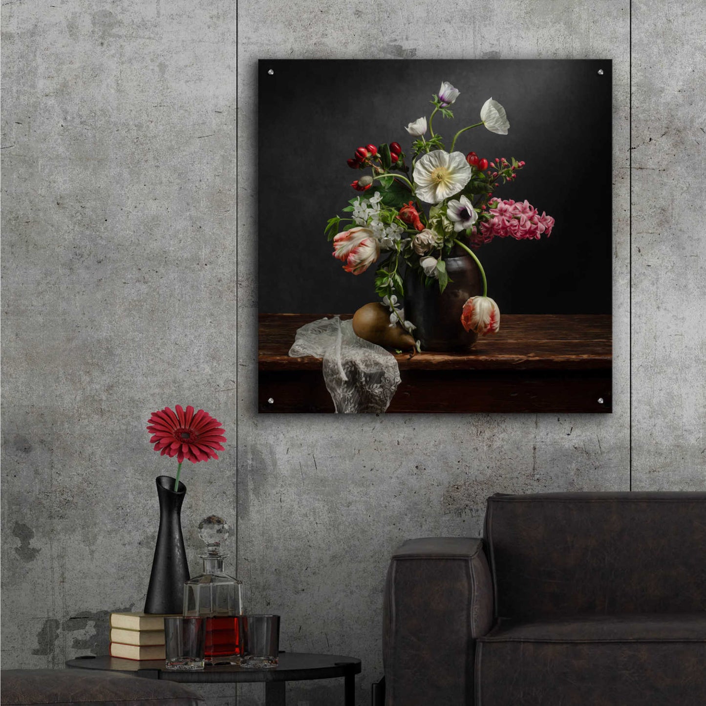 Epic Art 'Pear And Parrot Tulip Still Life' by Leah McLean Acrylic Glass Wall Art,36x36