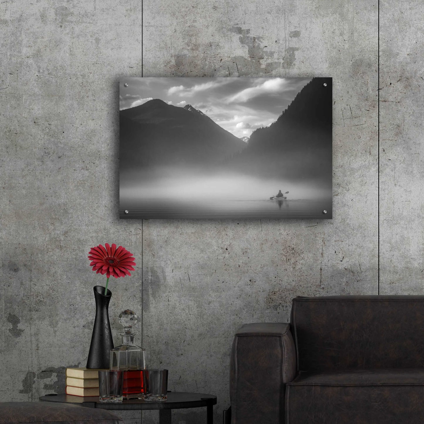 Epic Art 'Kayaker In The Mountain Mist' by Don Schwartz, Acrylic Glass Wall Art,36x24