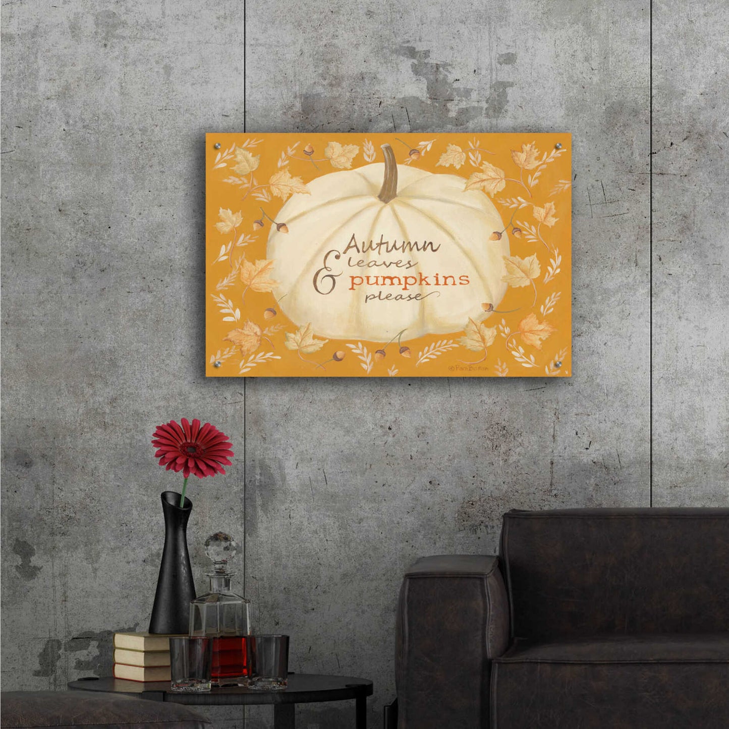 Epic Art 'Autumn Leaves & Pumpkin' by Pam Britton , Acrylic Glass Wall Art,36x24